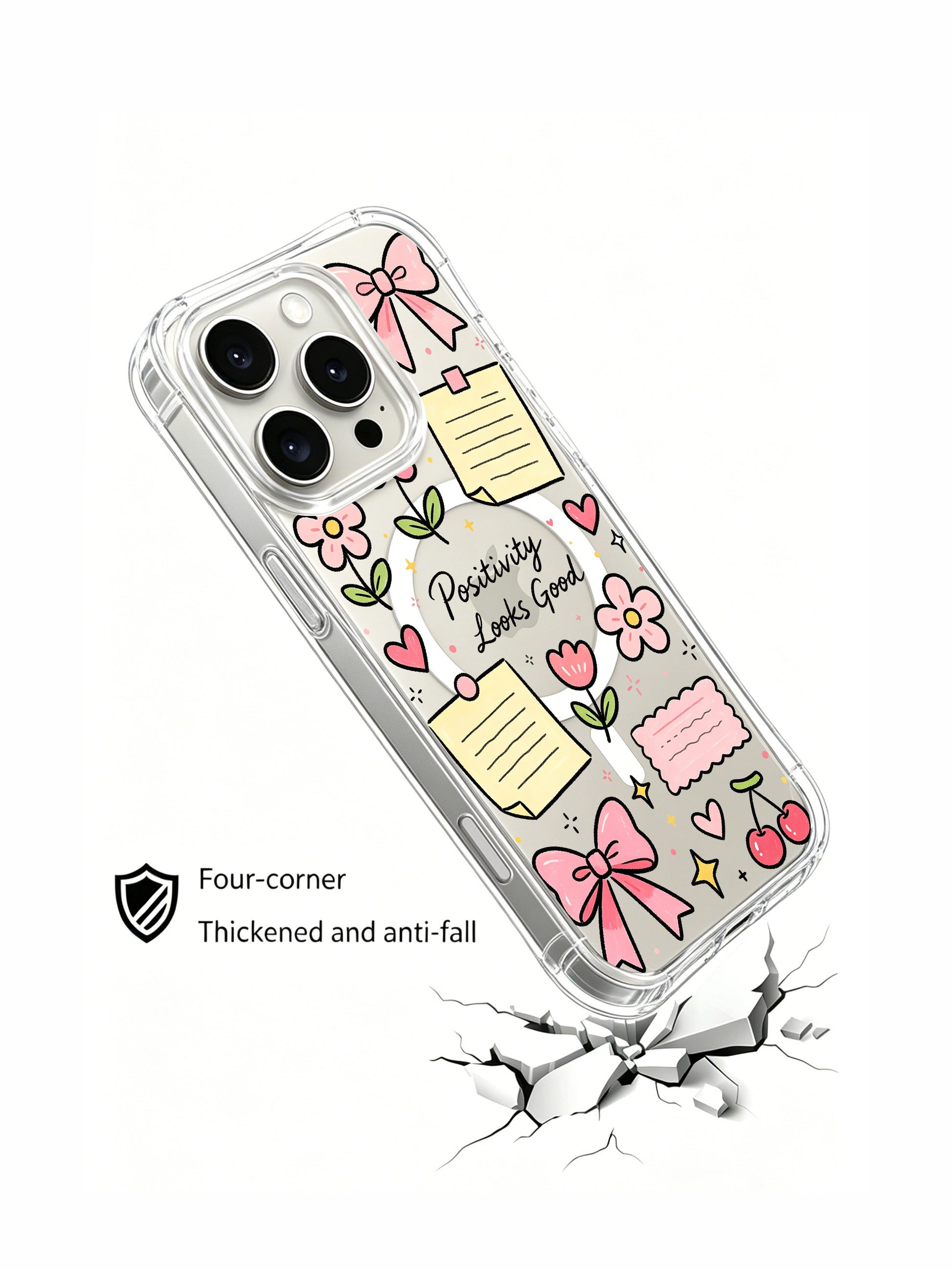 PhoneCasing iPhone 16 Pro Max MagSafe Case - Whimsical Pink Bow & Flower Art, Shockproof