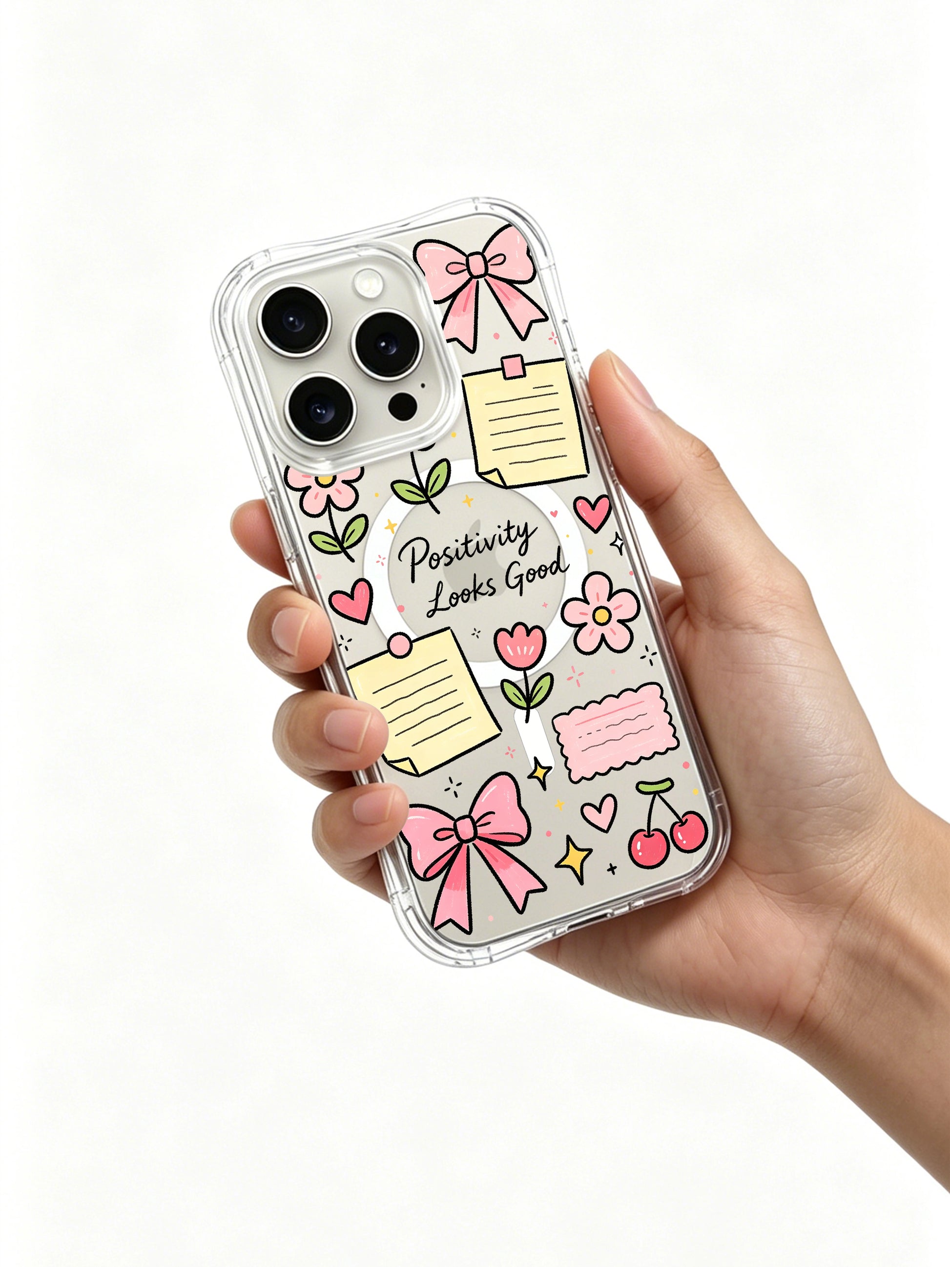 PhoneCasing iPhone 16 Pro Max Clear Case - Pink Bow Positivity Illustration, Drop Protection