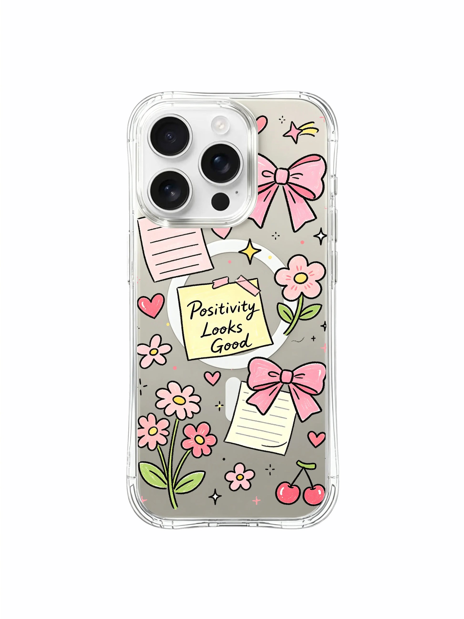 PhoneCasing iPhone 16 Pro Max Clear Case - Pink Bow Positivity Print, Transparent Slim Cover