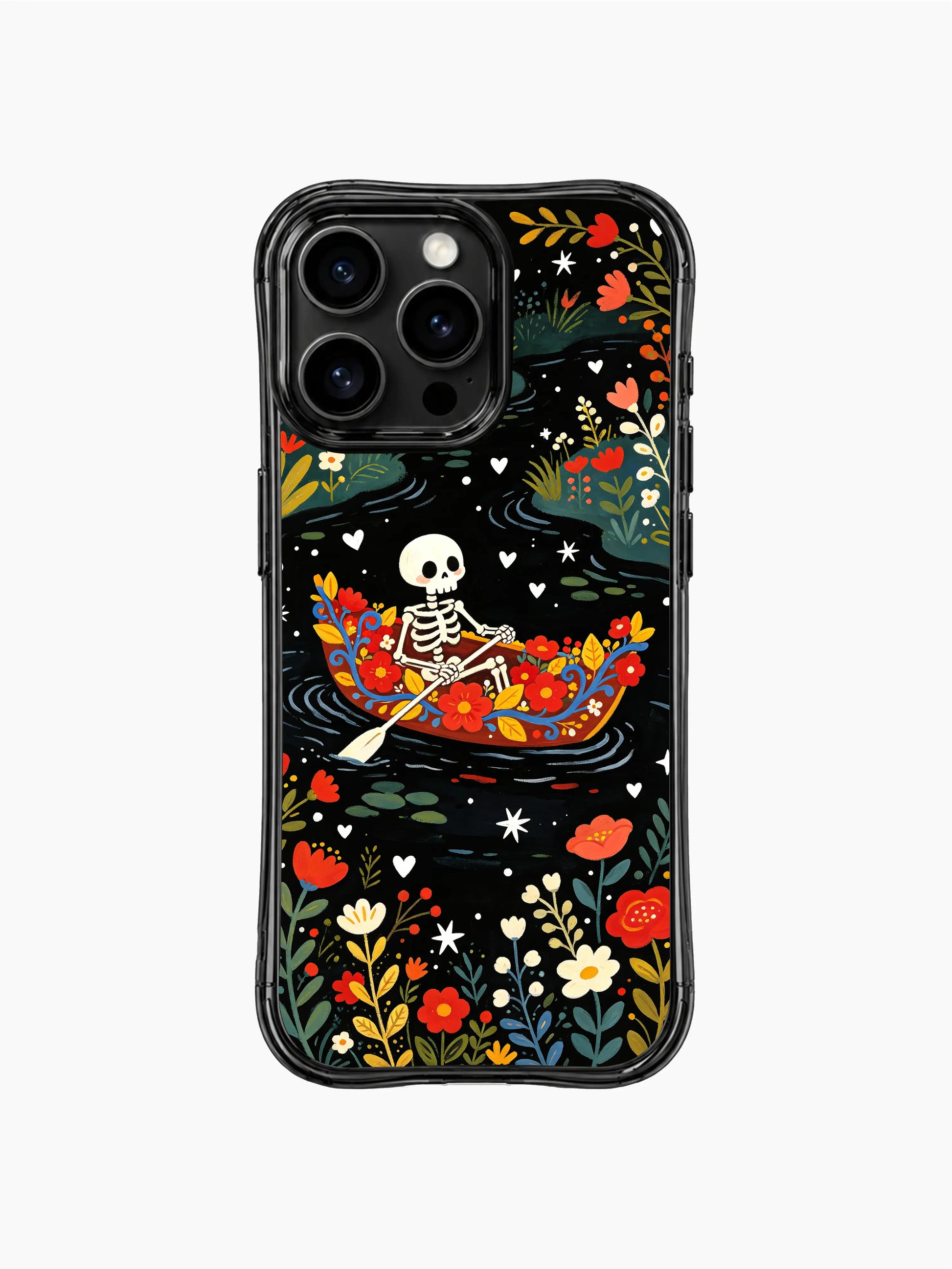 Red flower boat skeleton illustration on PhoneCasing iPhone 16 pro max case, Day of the Dead theme with yellow leaves and blue vines.