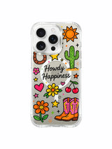 PhoneCasing iPhone 16 Pro Max durable clear anti-scratch case, Howdy Happiness western cowboy hat, boot and cherry doodle graphic for casual everyday use