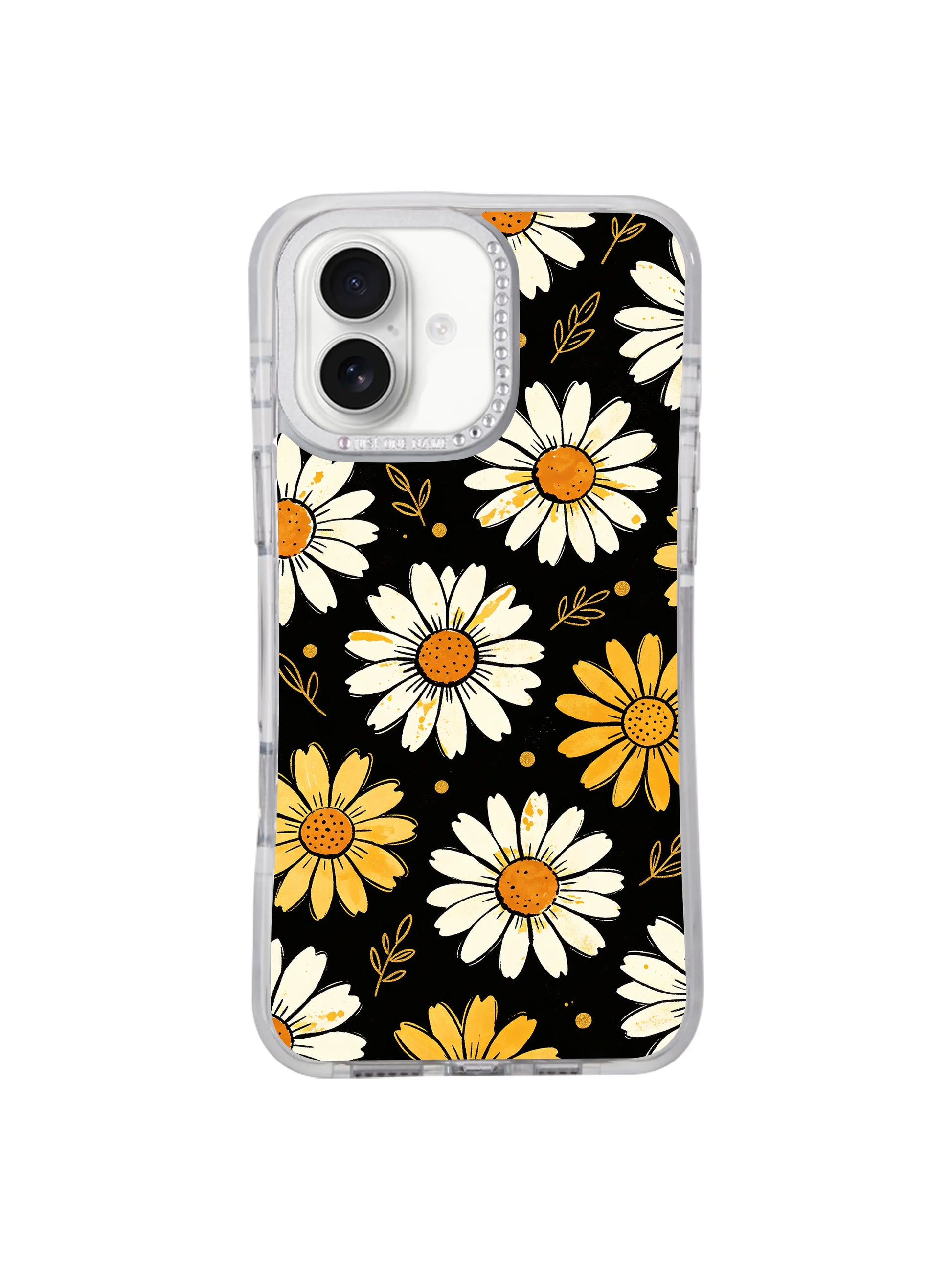 Vintage hand sketched night daisy White Bloom Signal print iPhone 16 pro max casing, minimalist contrast floral wearable art from PhoneCasing iPhone 16 pro max range.
