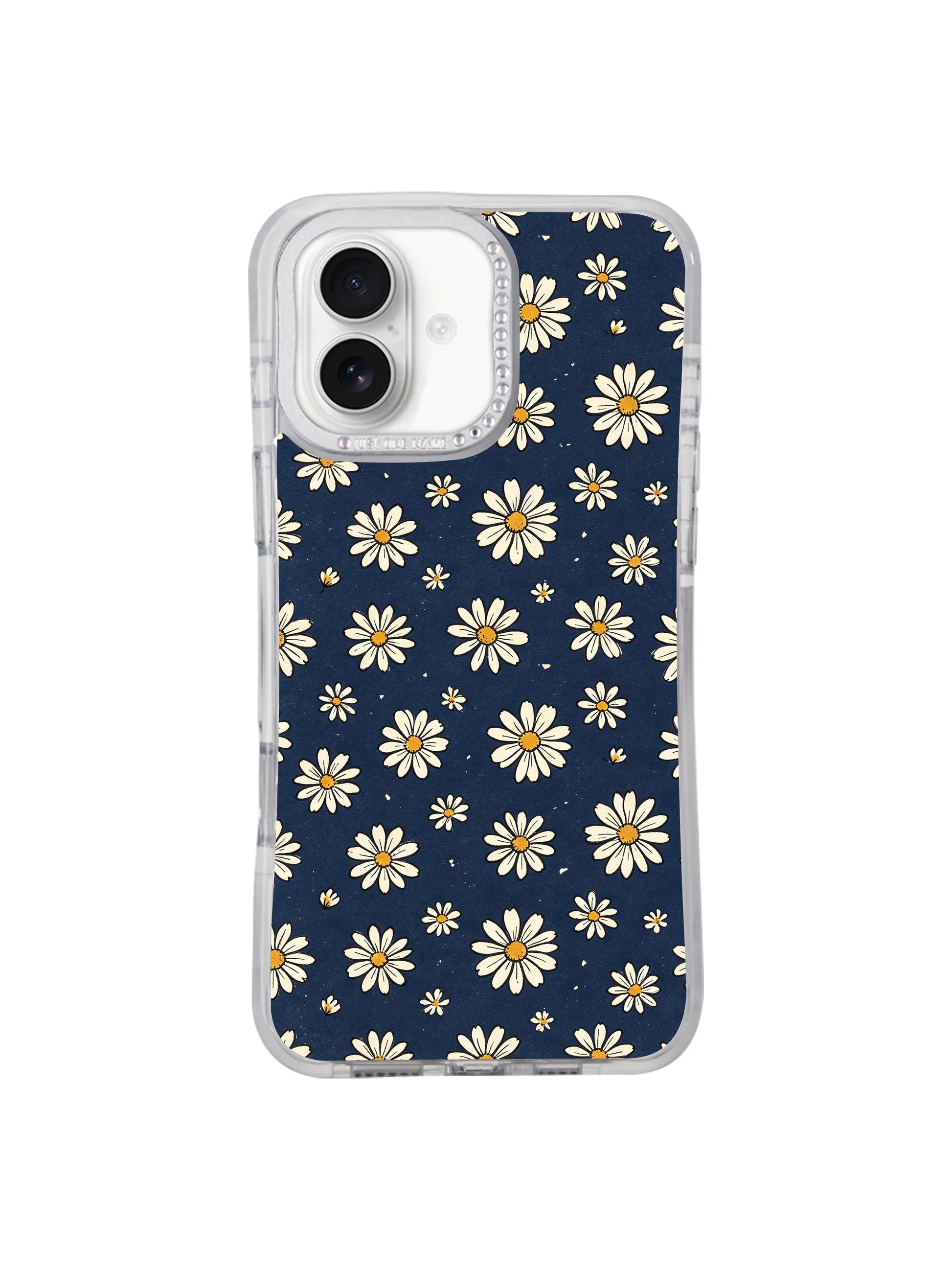 Macro closeup of vintage paper grain texture on Retro Navy Daisy Wallpaper iPhone 16 pro max casing, timeless hand-drawn floral design only from PhoneCasing for iPhone 16 pro max users.