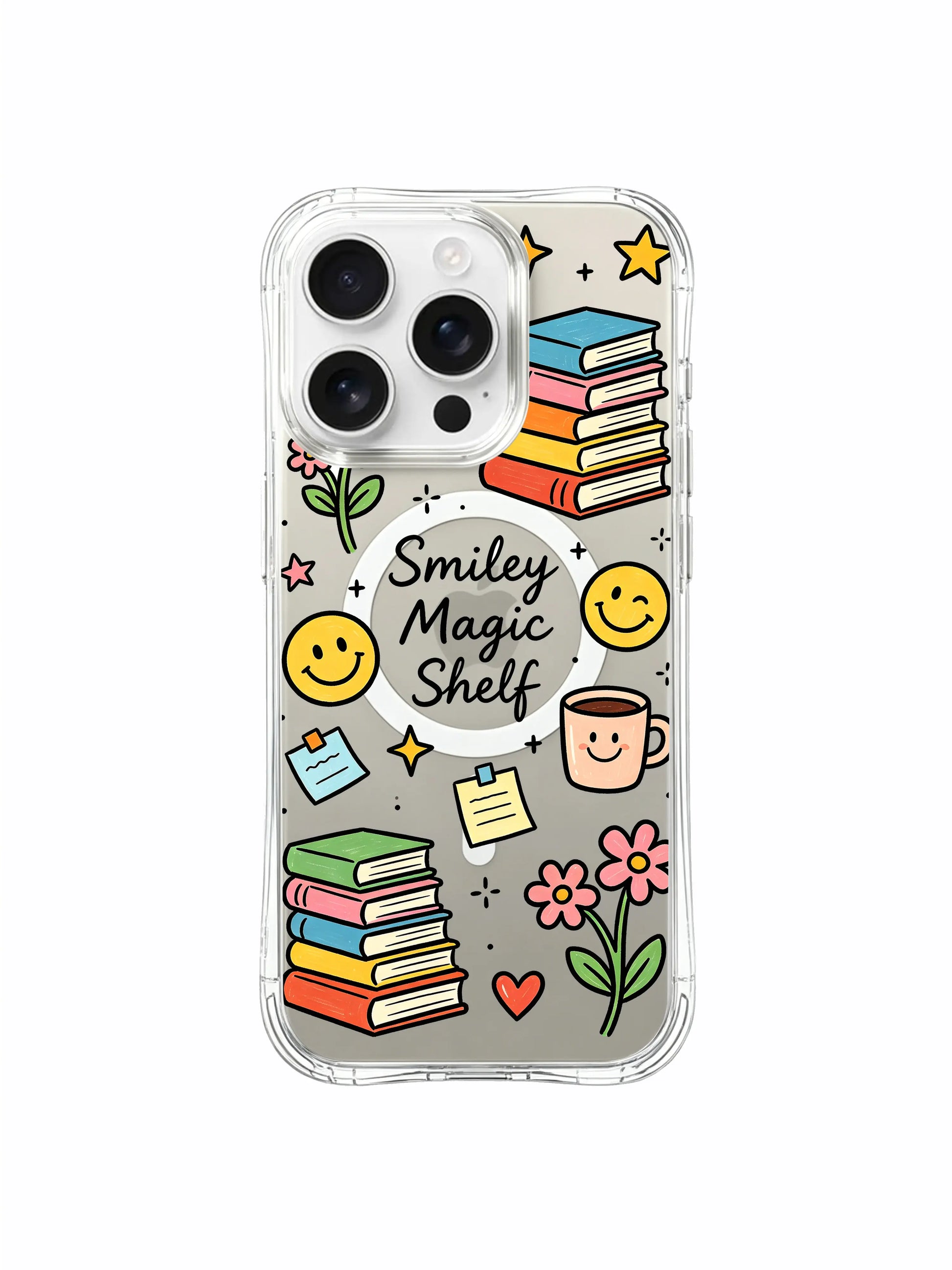 PhoneCasing iPhone 16 Pro Max durable clear anti-scratch case, Smiley Magic Shelf vintage sticky note, coffee cup and book doodle graphic for everyday scholar use