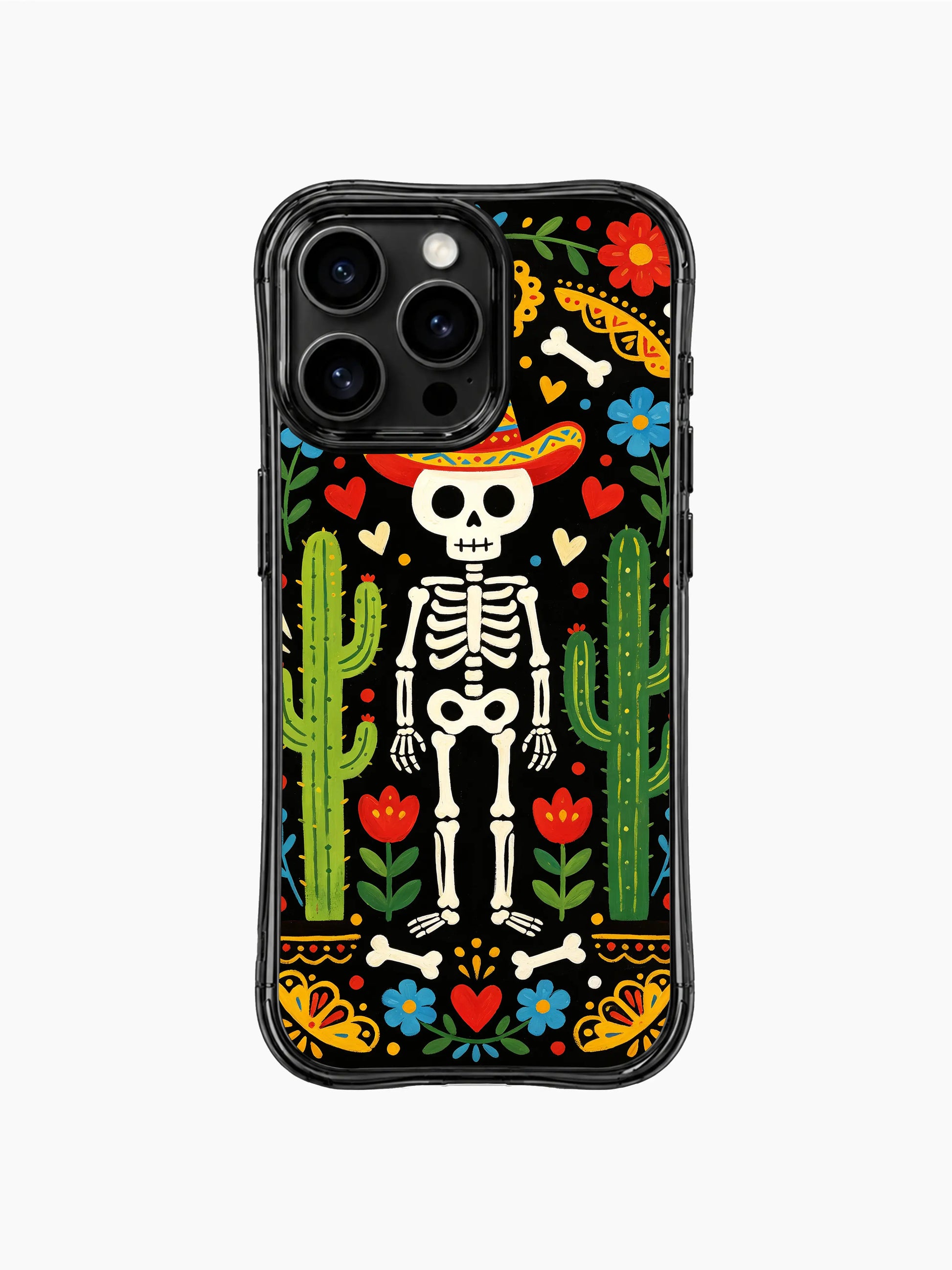 Romantic desert skeleton cowboy on PhoneCasing iPhone 16 pro max case, Day of the Dead folk art style with cacti and hearts.