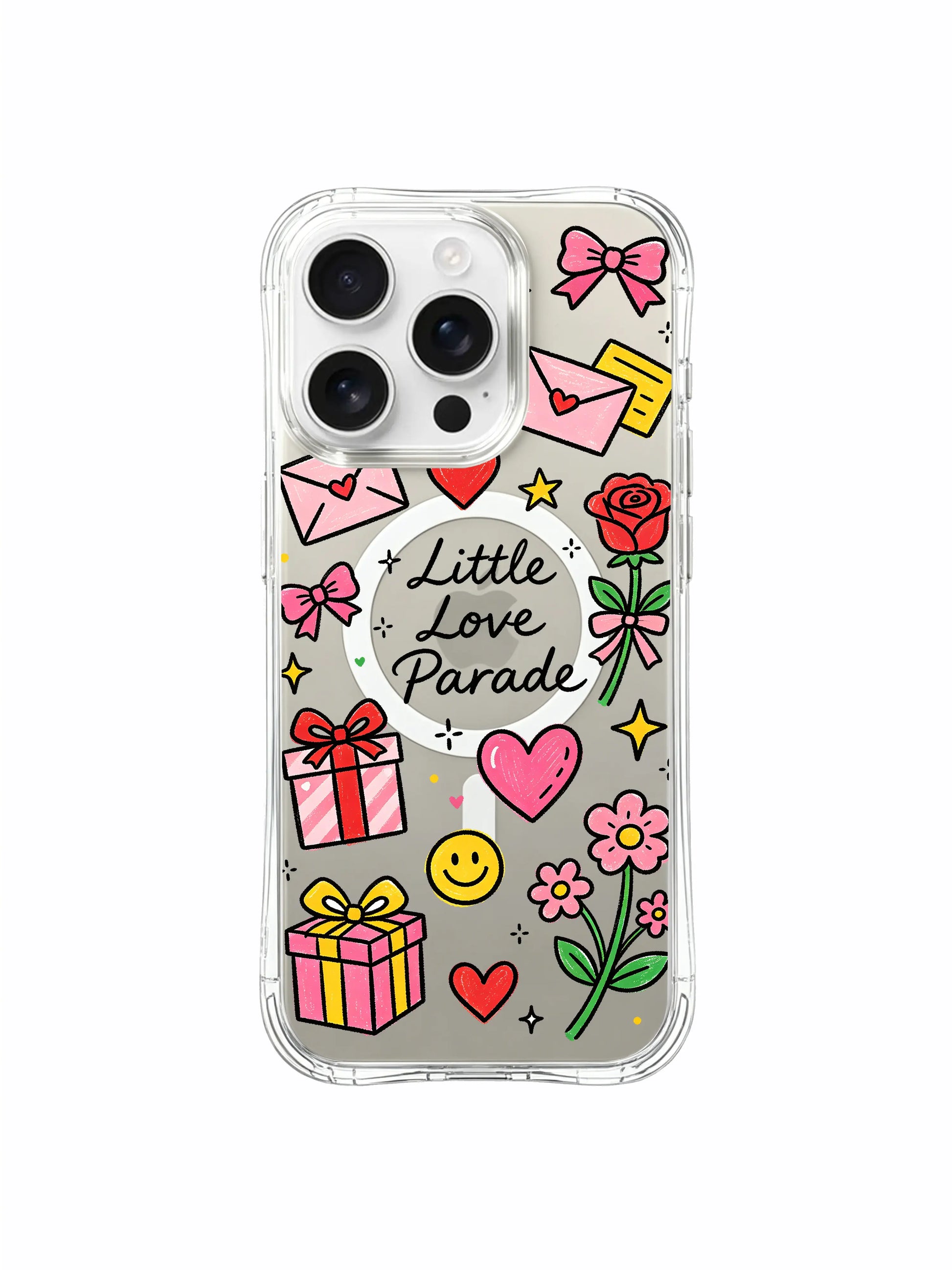 PhoneCasing iPhone 16 Pro Max reinforced anti-drop clear case, Little Love Parade love letter, gift and red rose doodle design