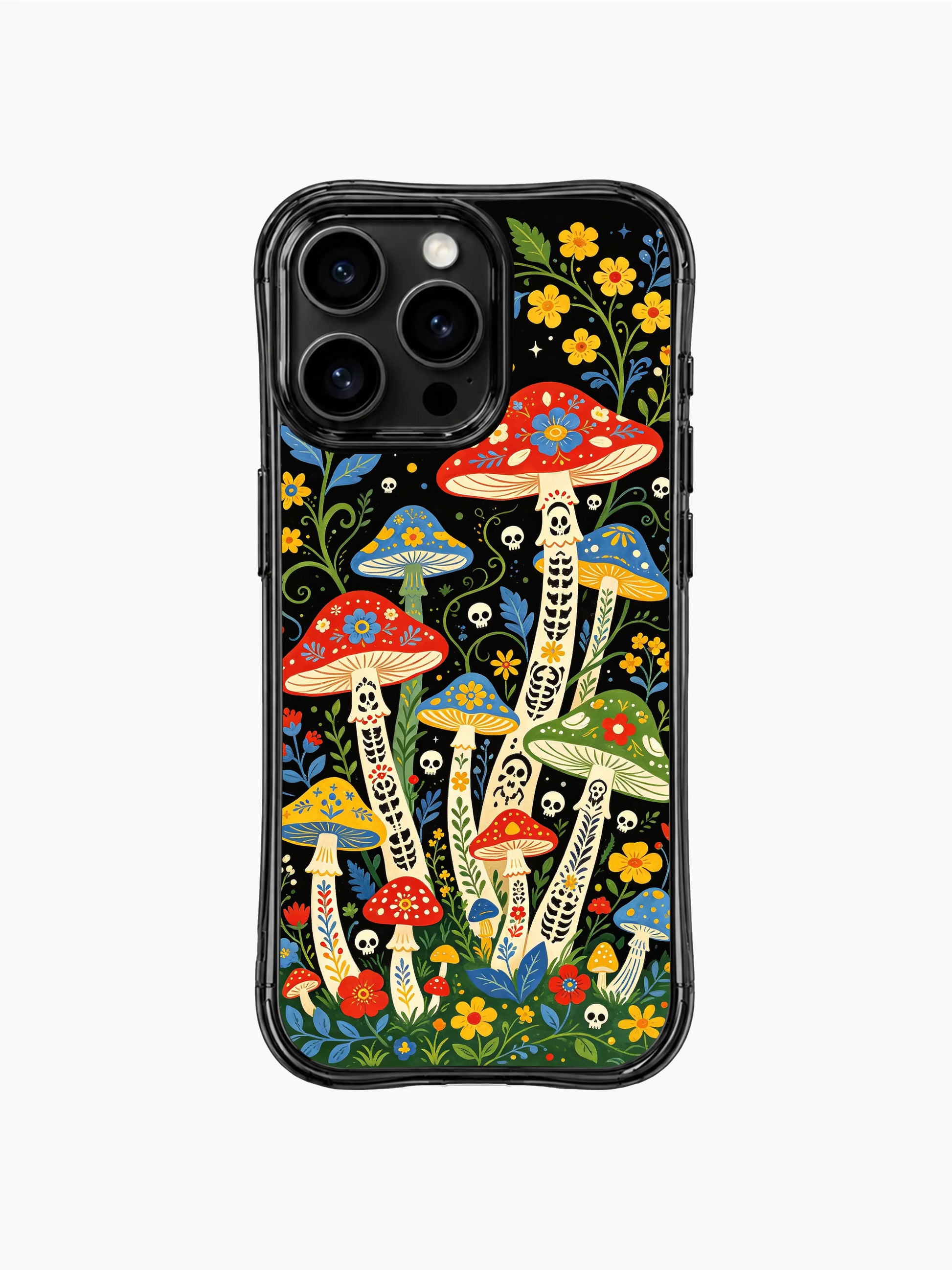 Whimsical mushroom spirit grove with romantic floral accents on PhoneCasing iPhone 16 pro max case, Day of the Dead folk art style.