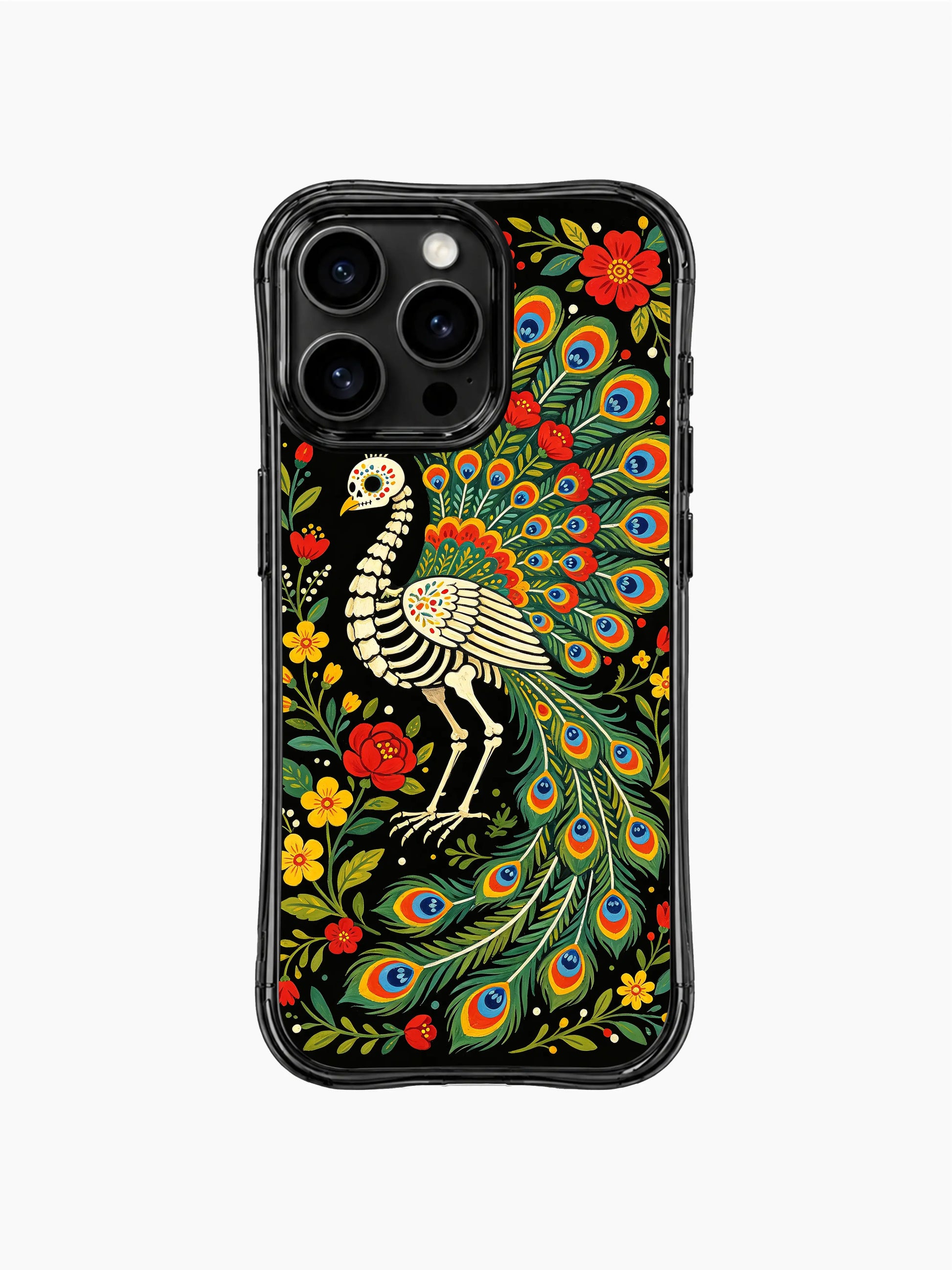 Romantic skeleton peacock surrounded by roses and hearts on PhoneCasing iPhone 16 pro max case, Day of the Dead folk art style.