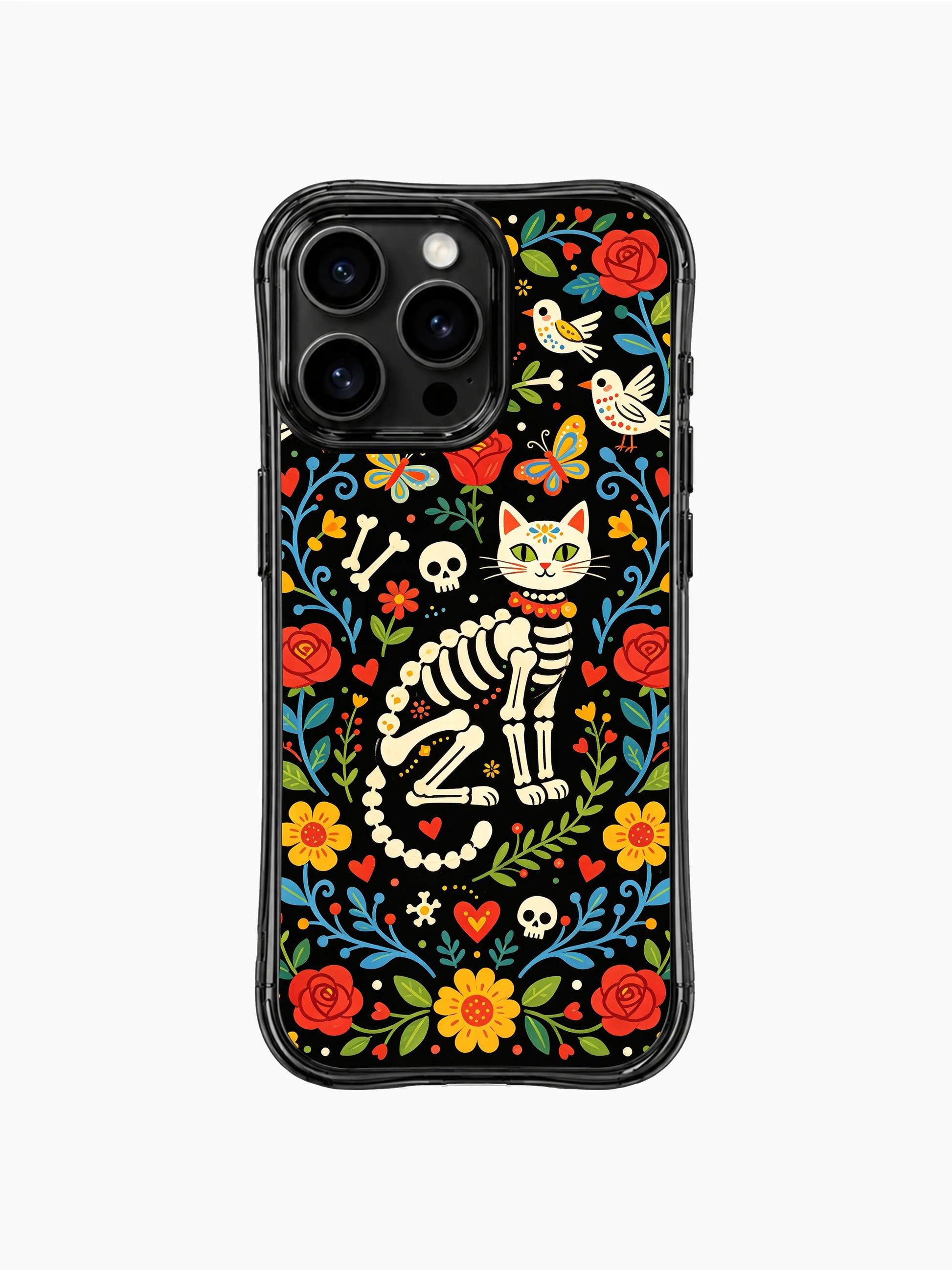 Romantic skeleton cat with red roses on PhoneCasing iPhone 16 pro max case, Day of the Dead folk art style with sugar skull details and floral borders.