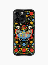 Whimsical skeleton tea party with romantic floral accents on PhoneCasing iPhone 16 pro max case, Day of the Dead folk art style.