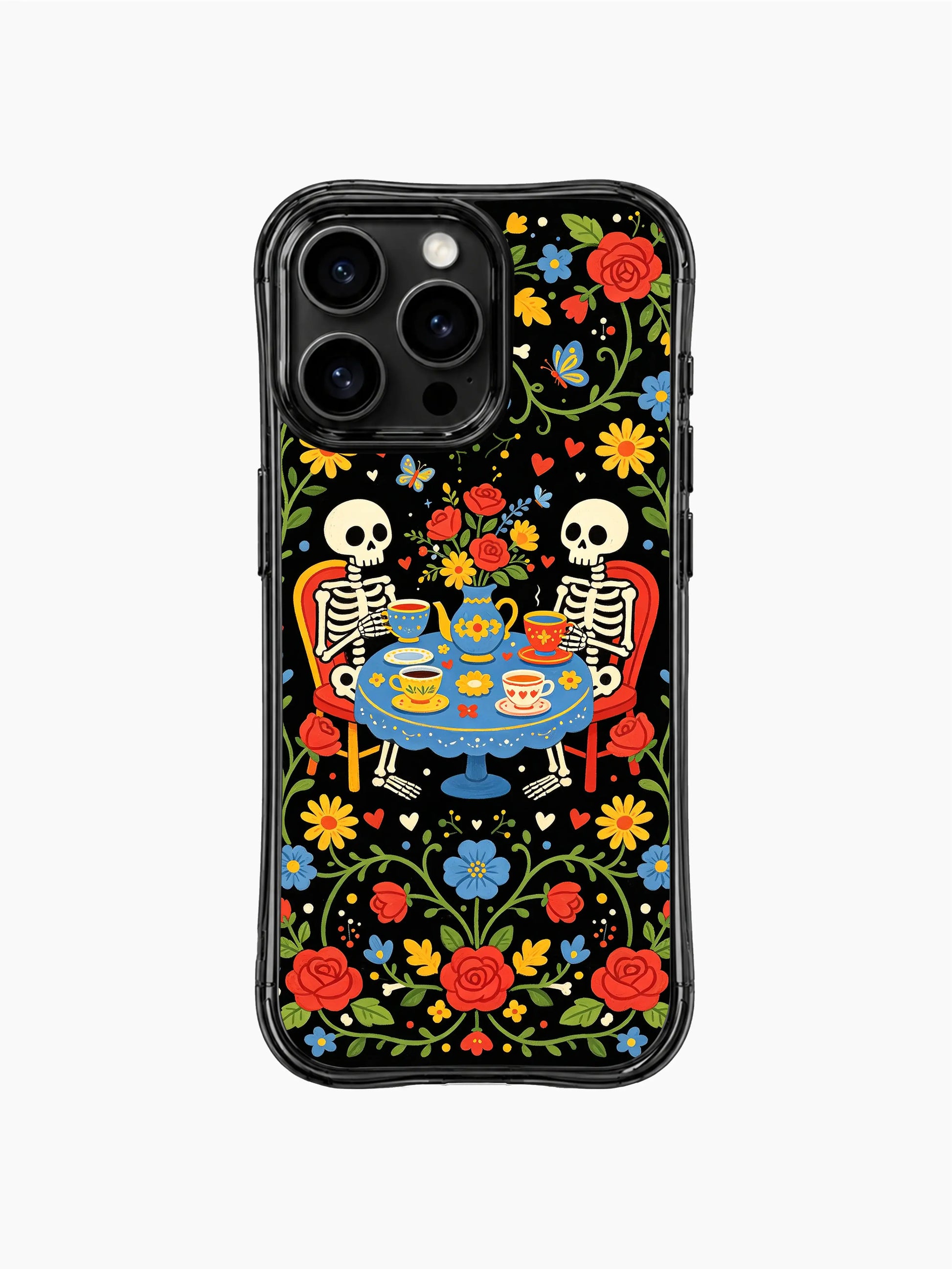 Whimsical skeleton tea party with romantic floral accents on PhoneCasing iPhone 16 pro max case, Day of the Dead folk art style.