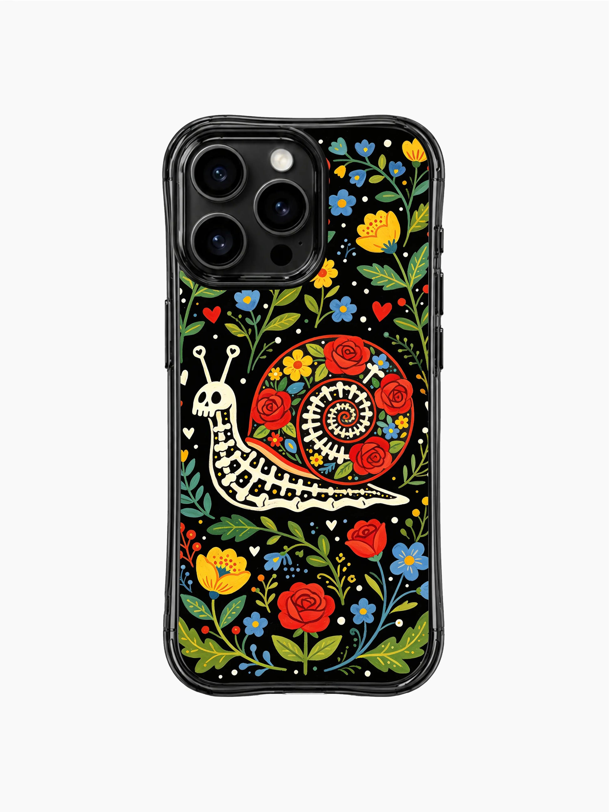 Romantic skeleton snail surrounded by roses and hearts on PhoneCasing iPhone 16 pro max case, Day of the Dead folk art style.