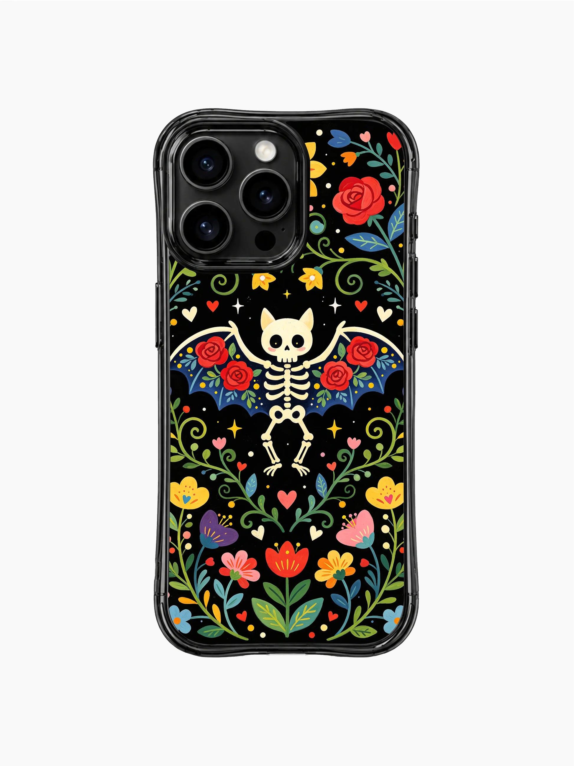 Rose-wing skeleton bat design on PhoneCasing iPhone 16 pro max case, folk art style with red roses and blue foliage patterns.