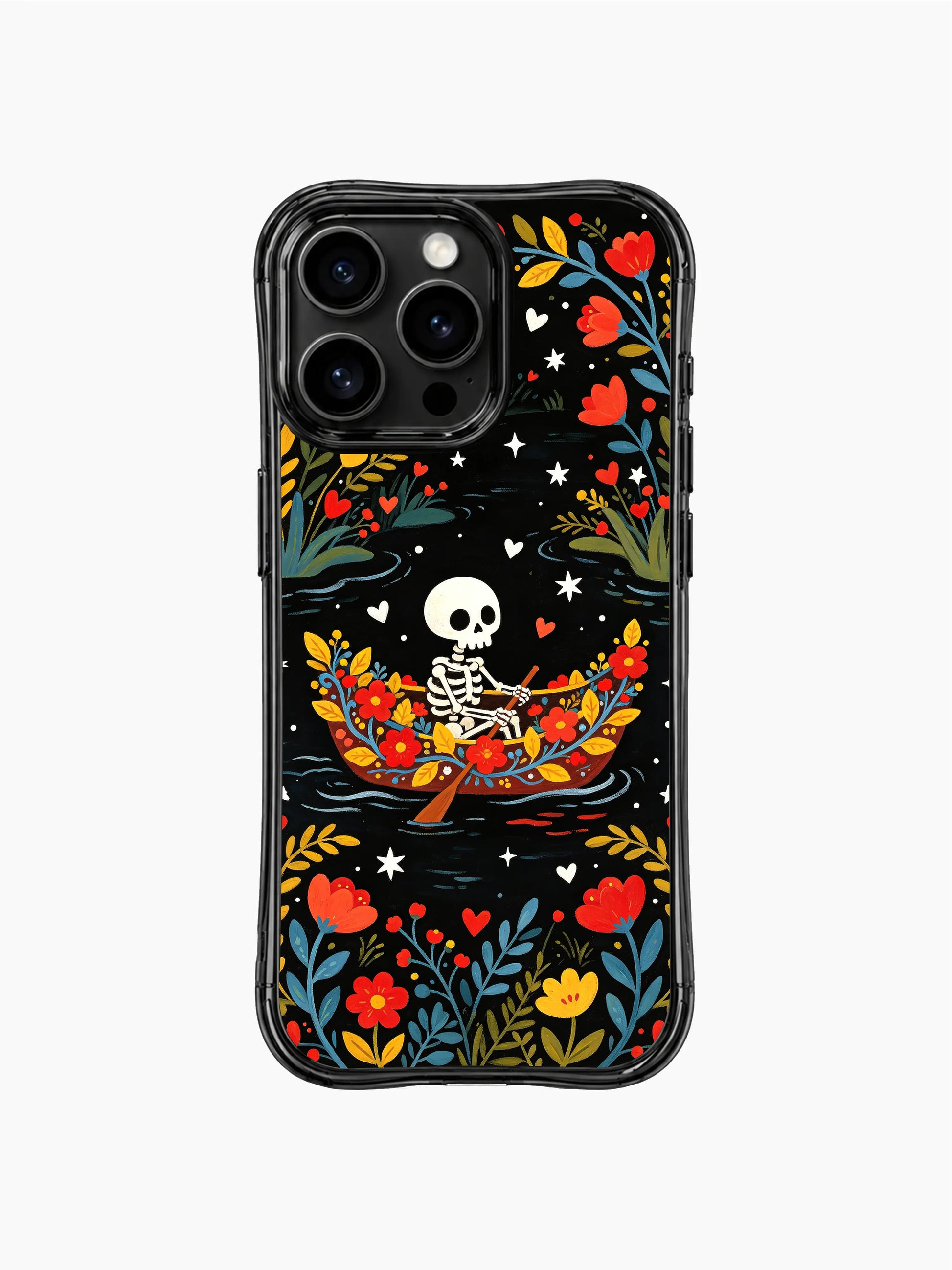 Skeleton sailing on a floral boat design on PhoneCasing iPhone 16 pro max case, featuring red blooms, blue vines, and star accents.