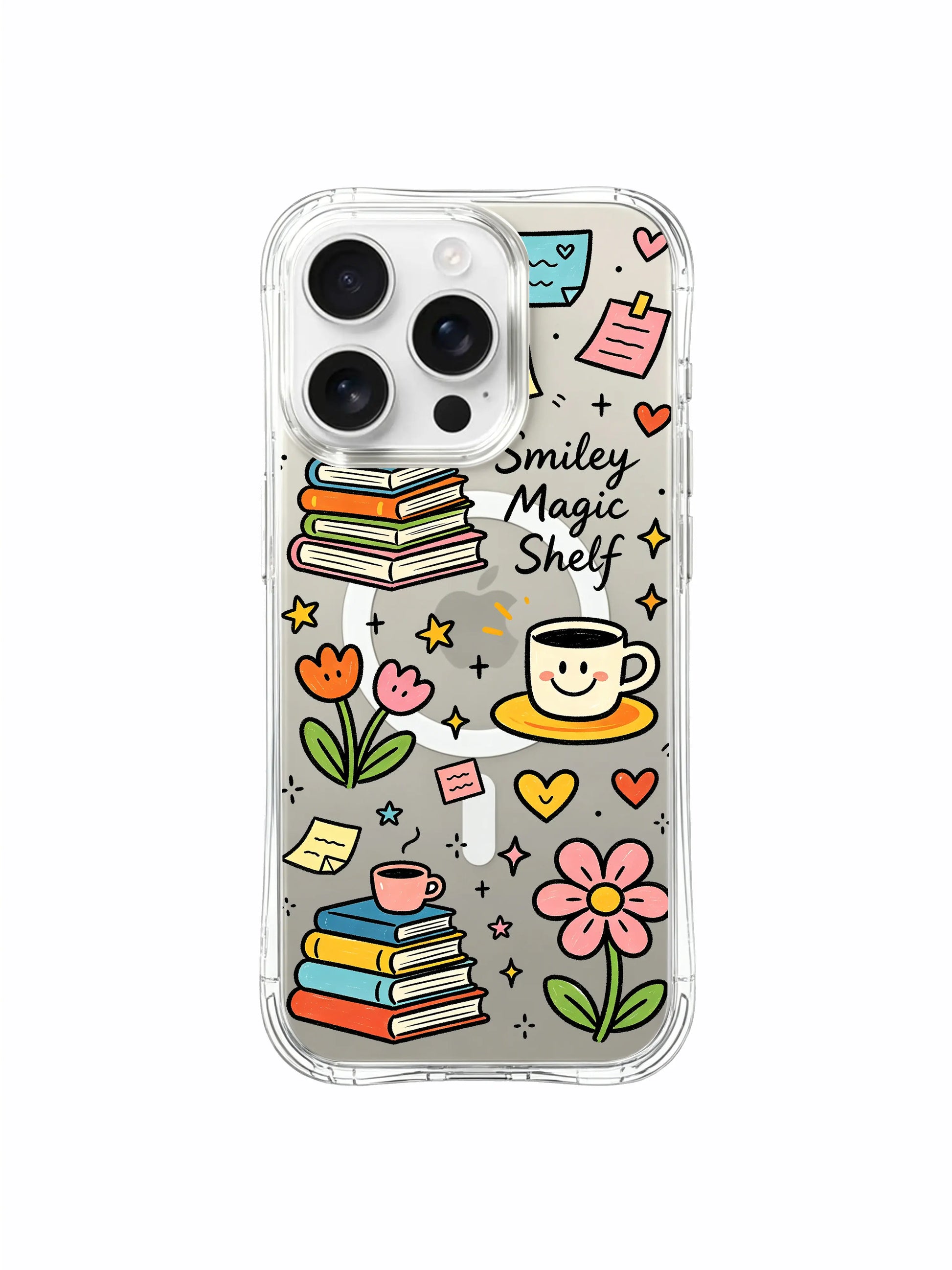 PhoneCasing iPhone 16 Pro Max scratch resistant glossy transparent casing showcasing Smiley Magic Shelf stacked books, flower and smiley star collage illustration