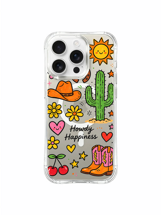 PhoneCasing iPhone 16 Pro Max scratch resistant glossy transparent casing showcasing Howdy Happiness cactus, sun and wildflower western collage illustration