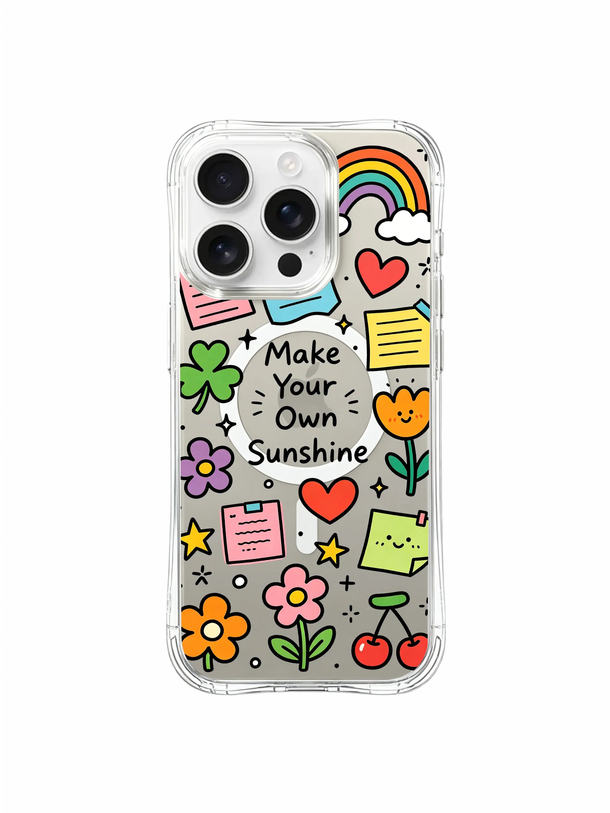 PhoneCasing iPhone 16 Pro Max scratch resistant glossy transparent casing showcasing Make Your Own Sunshine four-leaf clover, rainbow and floral positive collage illustration