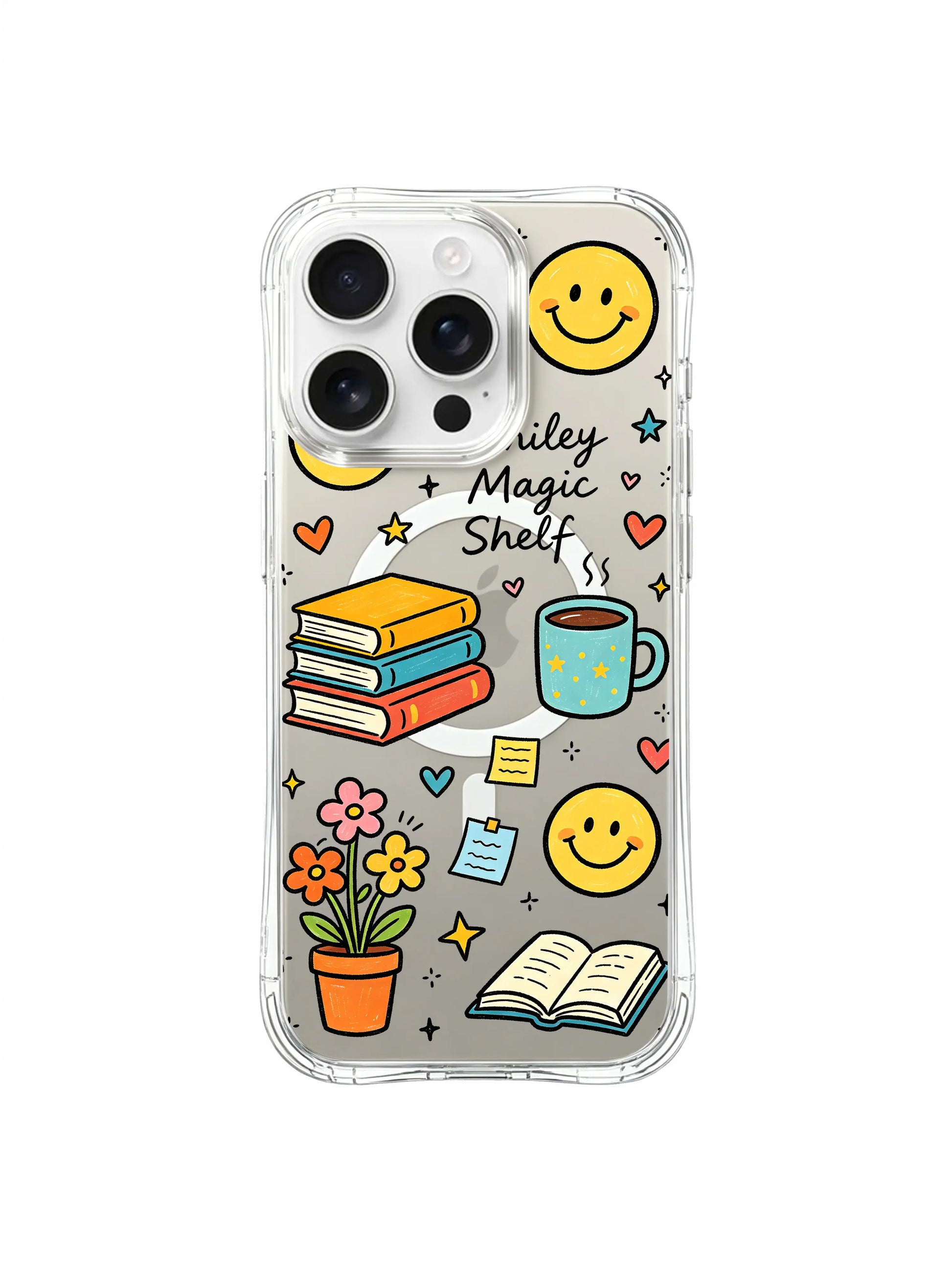 PhoneCasing iPhone 16 Pro Max shockproof slim MagSafe protective cover, Smiley Magic Shelf doodle art for anyone who loves slow reading and celebrating tiny life milestones
