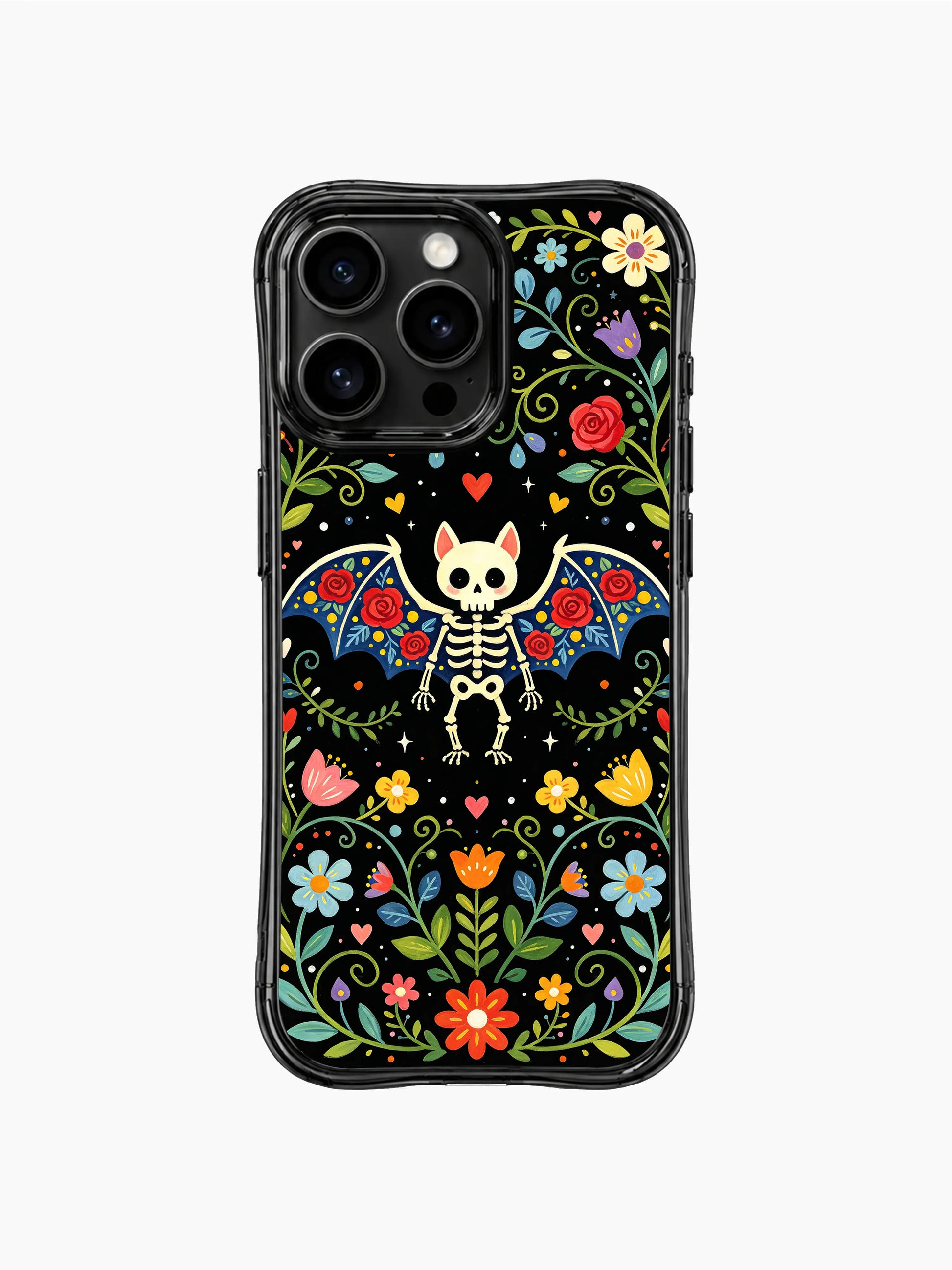 Skeleton bat flying through a night garden on this PhoneCasing iPhone 16 pro max case, vibrant folk art design with red roses and blooms.