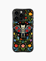 Skeleton bat with red roses and hearts on PhoneCasing iPhone 16 pro max case, whimsical dark fantasy style with star accents.