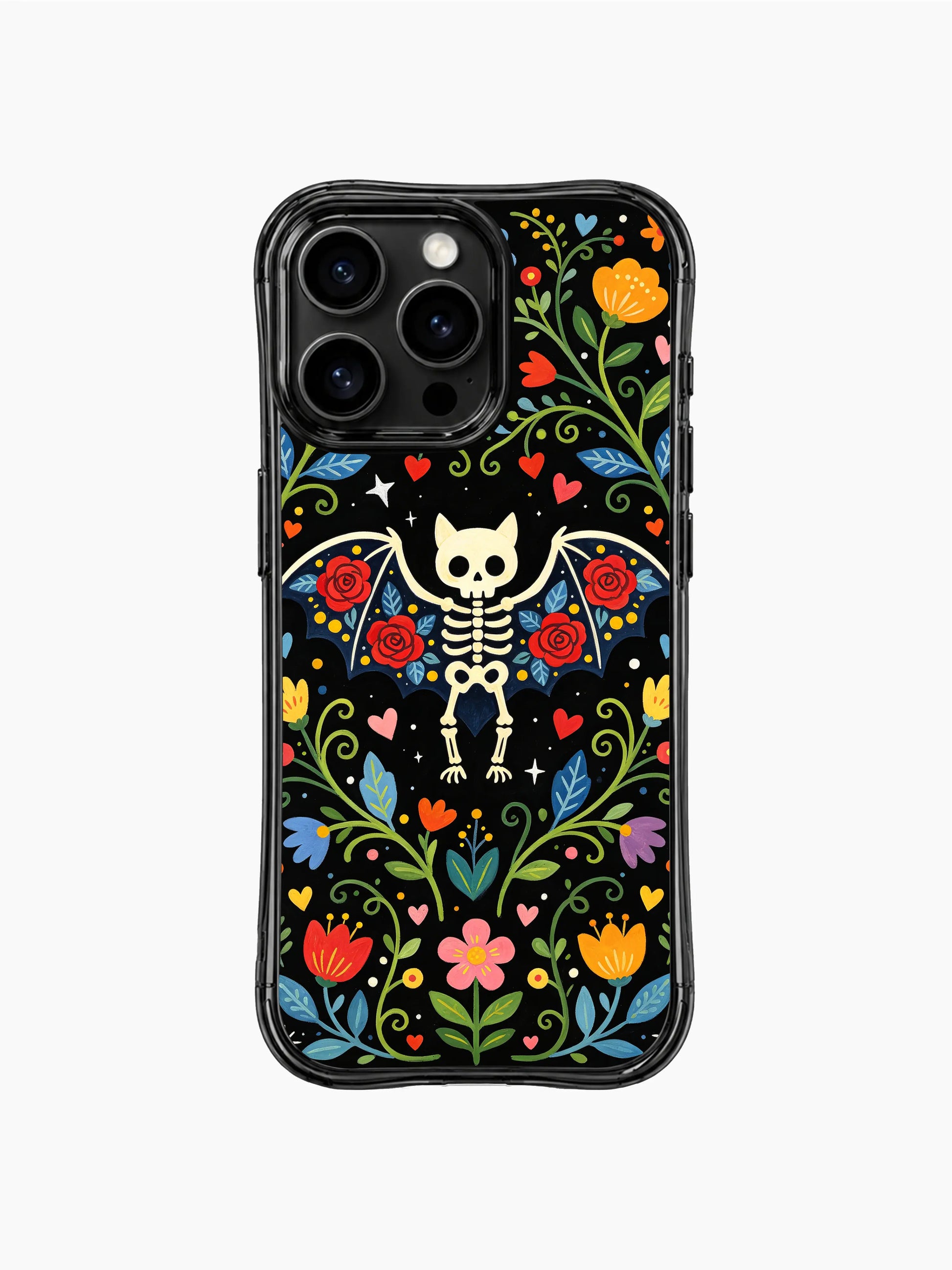 Skeleton bat with red roses and hearts on PhoneCasing iPhone 16 pro max case, whimsical dark fantasy style with star accents.
