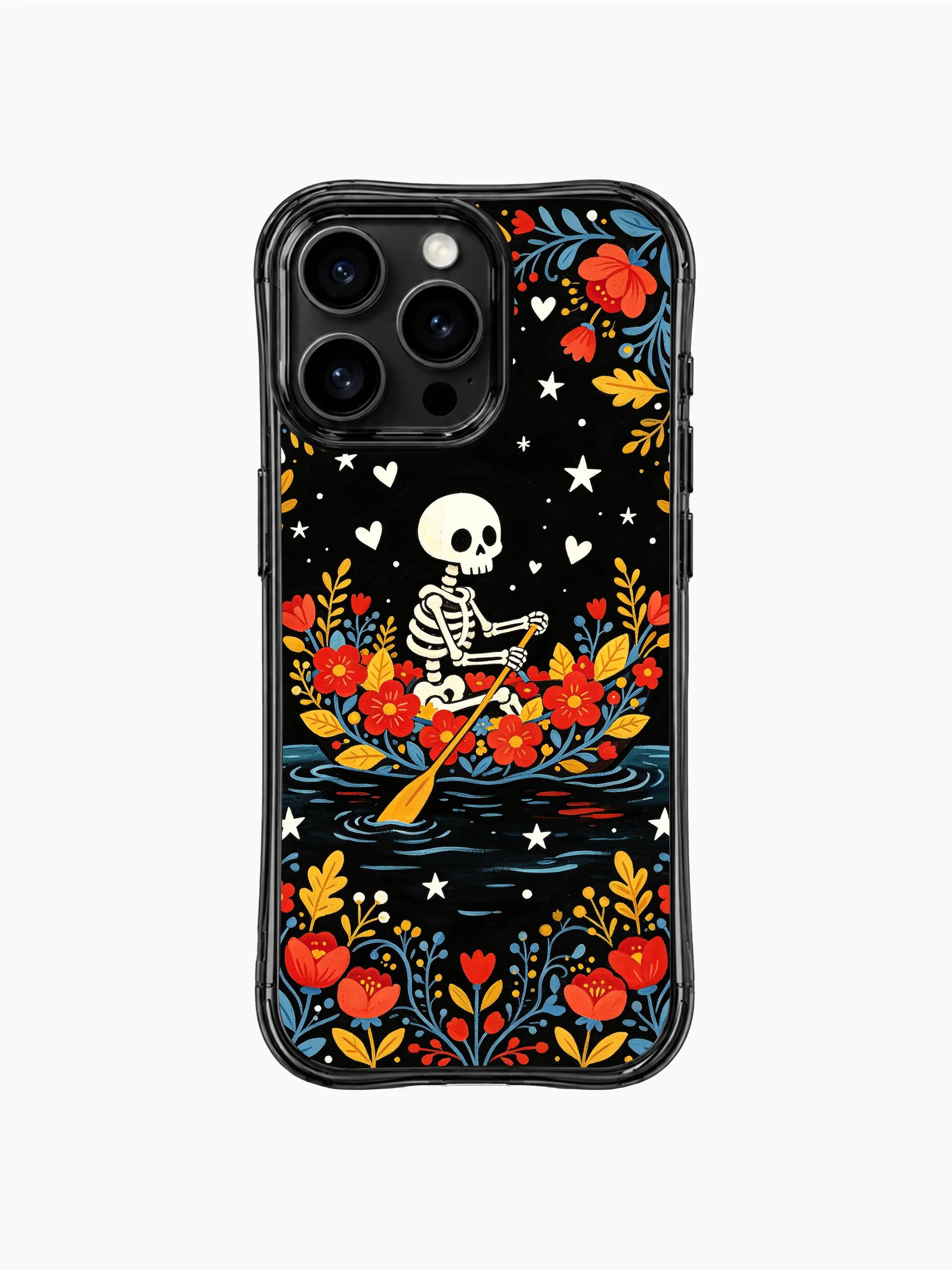 Skeleton in a floral boat floating on a dark river design on PhoneCasing iPhone 16 pro max case, folk art style with hearts and stars.