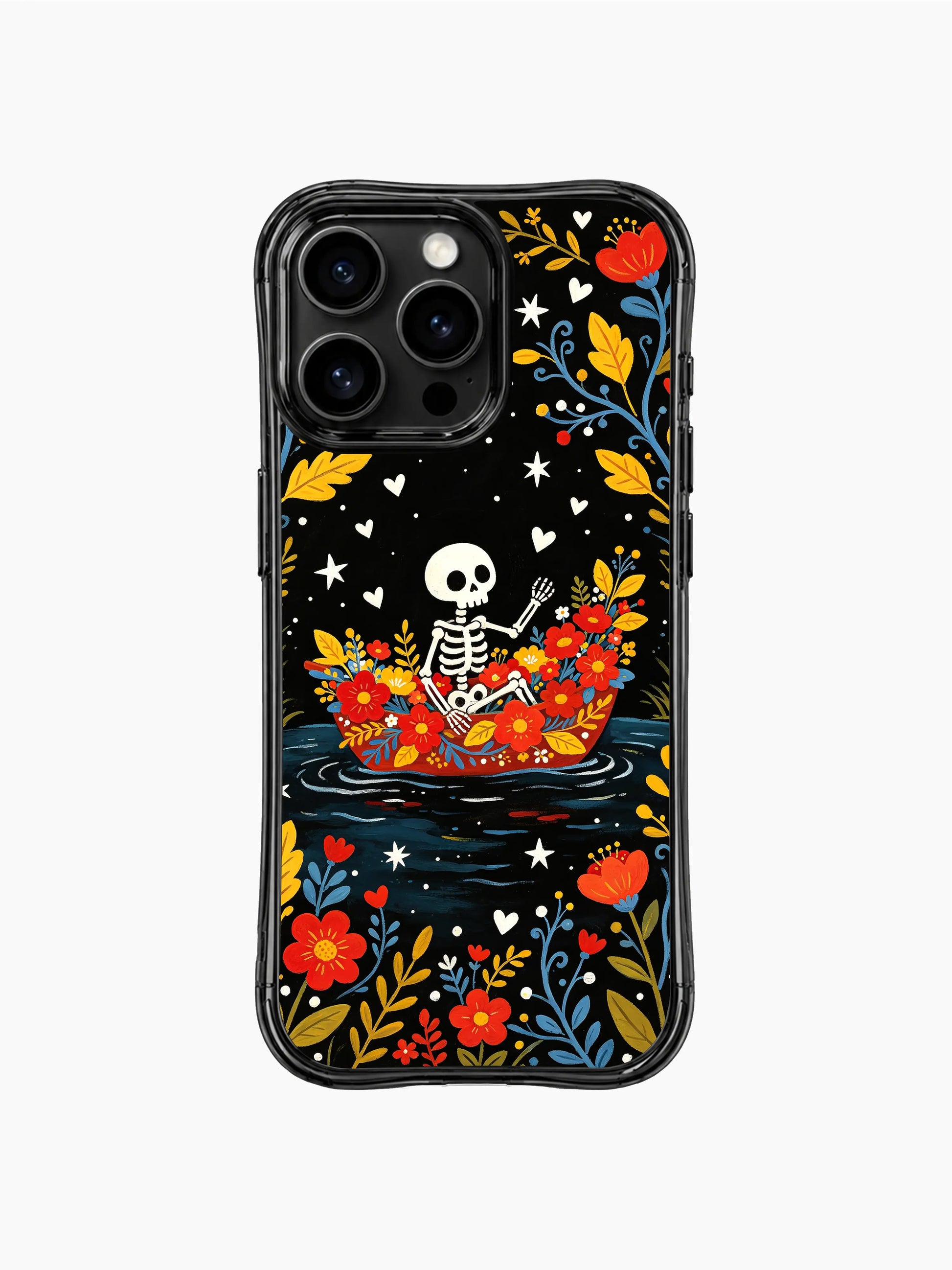 Skeleton rowing a boat of wildflowers on this PhoneCasing iPhone 16 pro max case, folk art style with colorful leaves and vines.