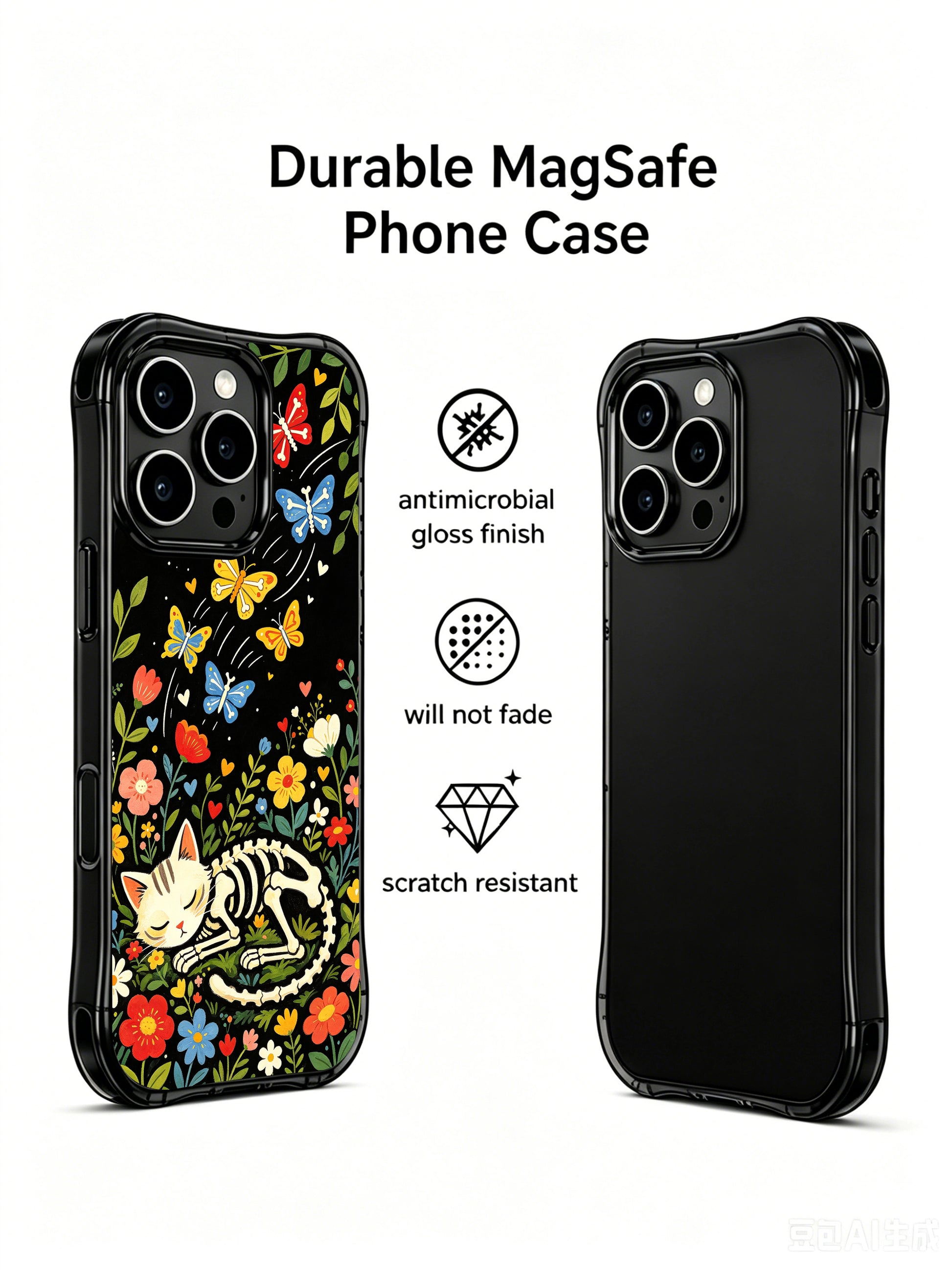 Gothic floral skeleton cat illustration on PhoneCasing iPhone 16 pro max case, featuring a whimsical cat with bone butterflies and colorful blooms.