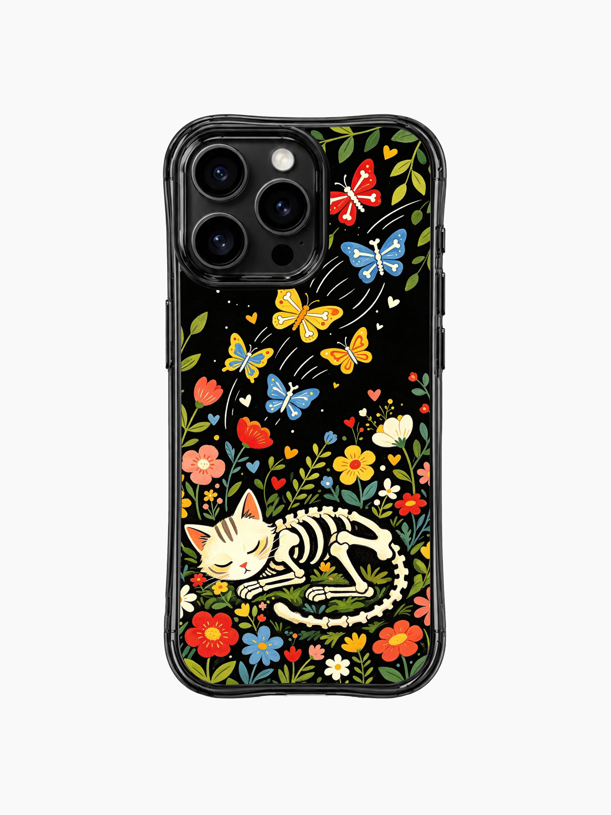 Skeleton cat with dreamy bone butterflies on PhoneCasing iPhone 16 pro max case, whimsical dark fantasy style with star accents.