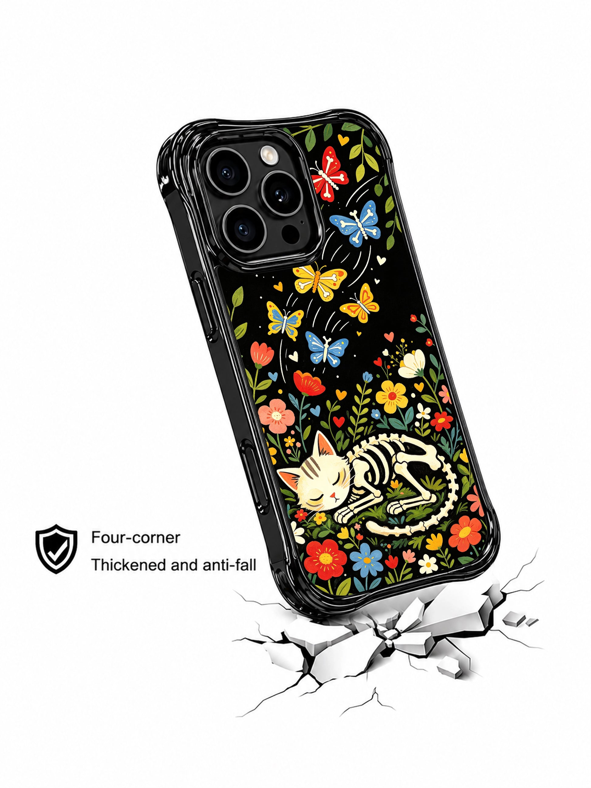 Mexican folk art skeleton cat on PhoneCasing iPhone 16 pro max case, featuring a cat with bone butterflies and colorful floral patterns.