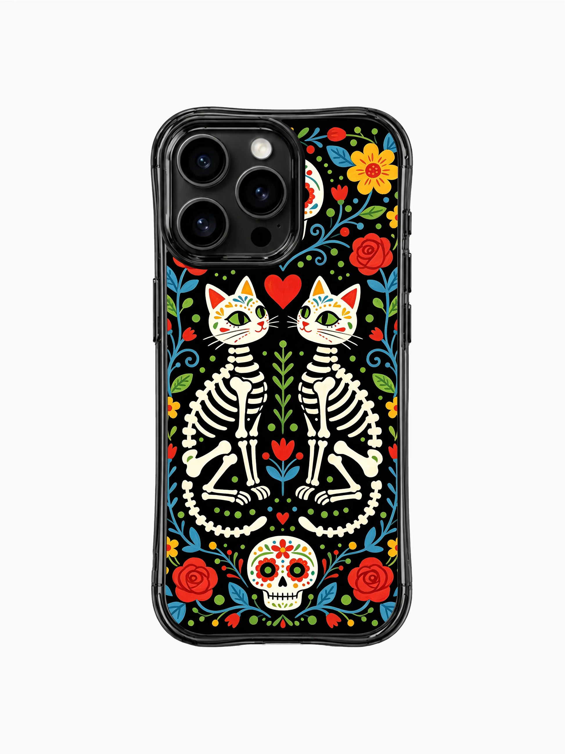 Twin skeleton cats sitting in a night garden on this PhoneCasing iPhone 16 pro max case, Day of the Dead folk art design with red roses.