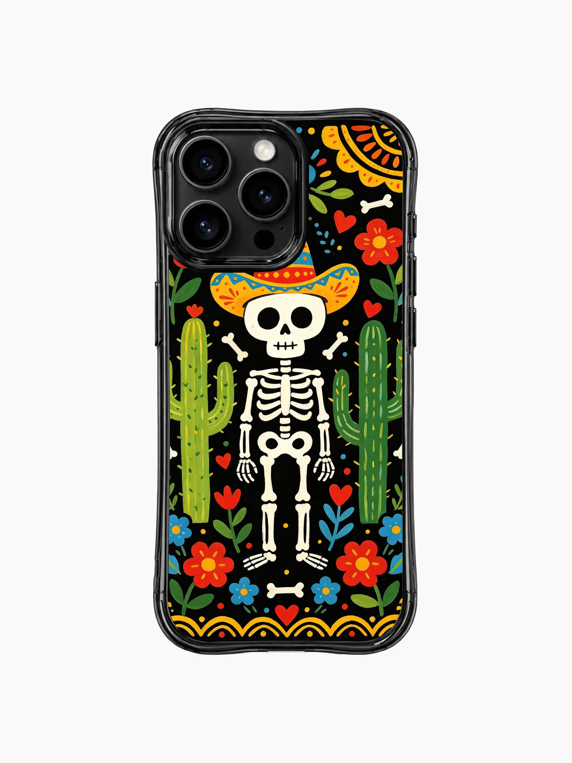 Skeleton cowboy in a desert garden on this PhoneCasing iPhone 16 pro max case, featuring cacti, roses, and folk art details.
