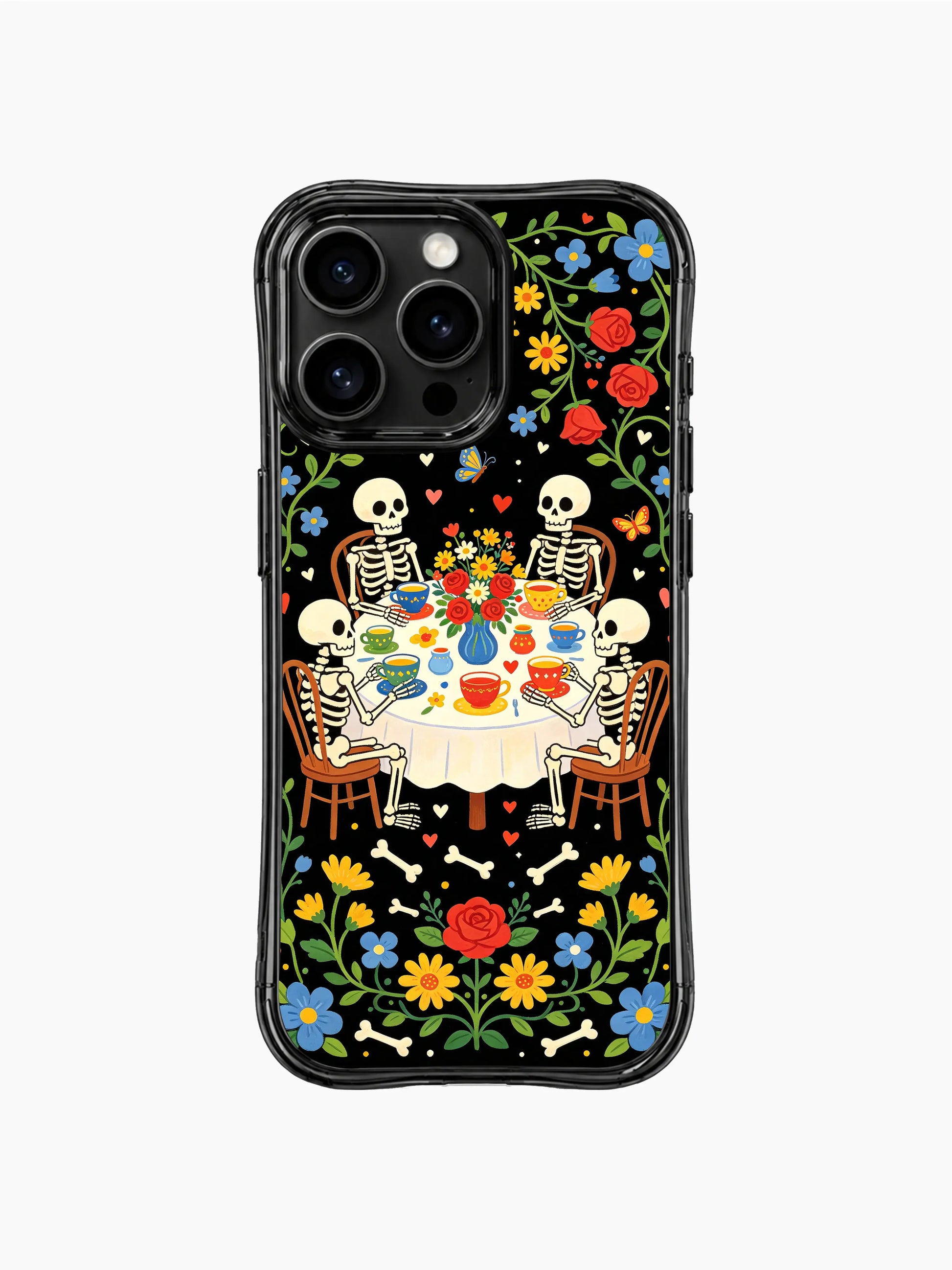 Whimsical skeleton tea party design on this PhoneCasing iPhone 16 pro max case, with colorful flowers and playful skeletons sharing a joyful moment.