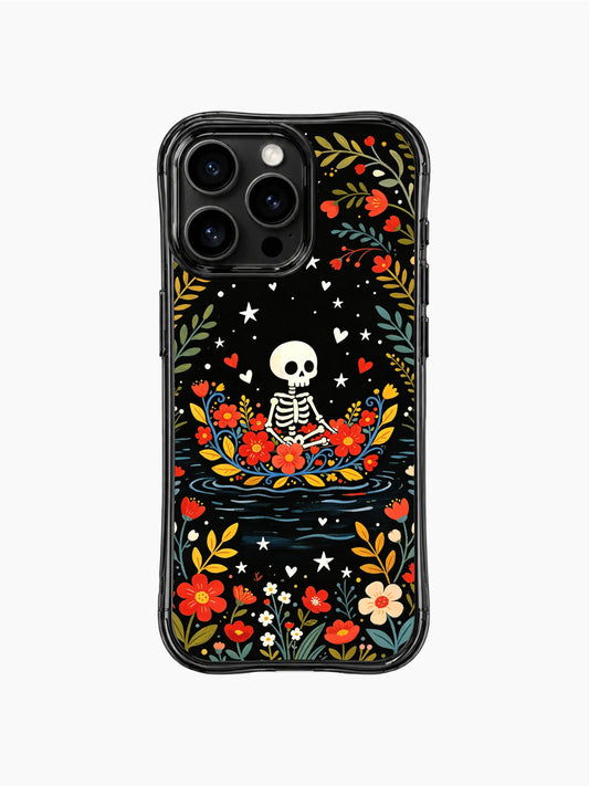 PhoneCasing iPhone 16 pro max case featuring a whimsical skeleton in a floral boat, Day of the Dead folk art design with vibrant red flowers, yellow leaves, and blue vines on black background.