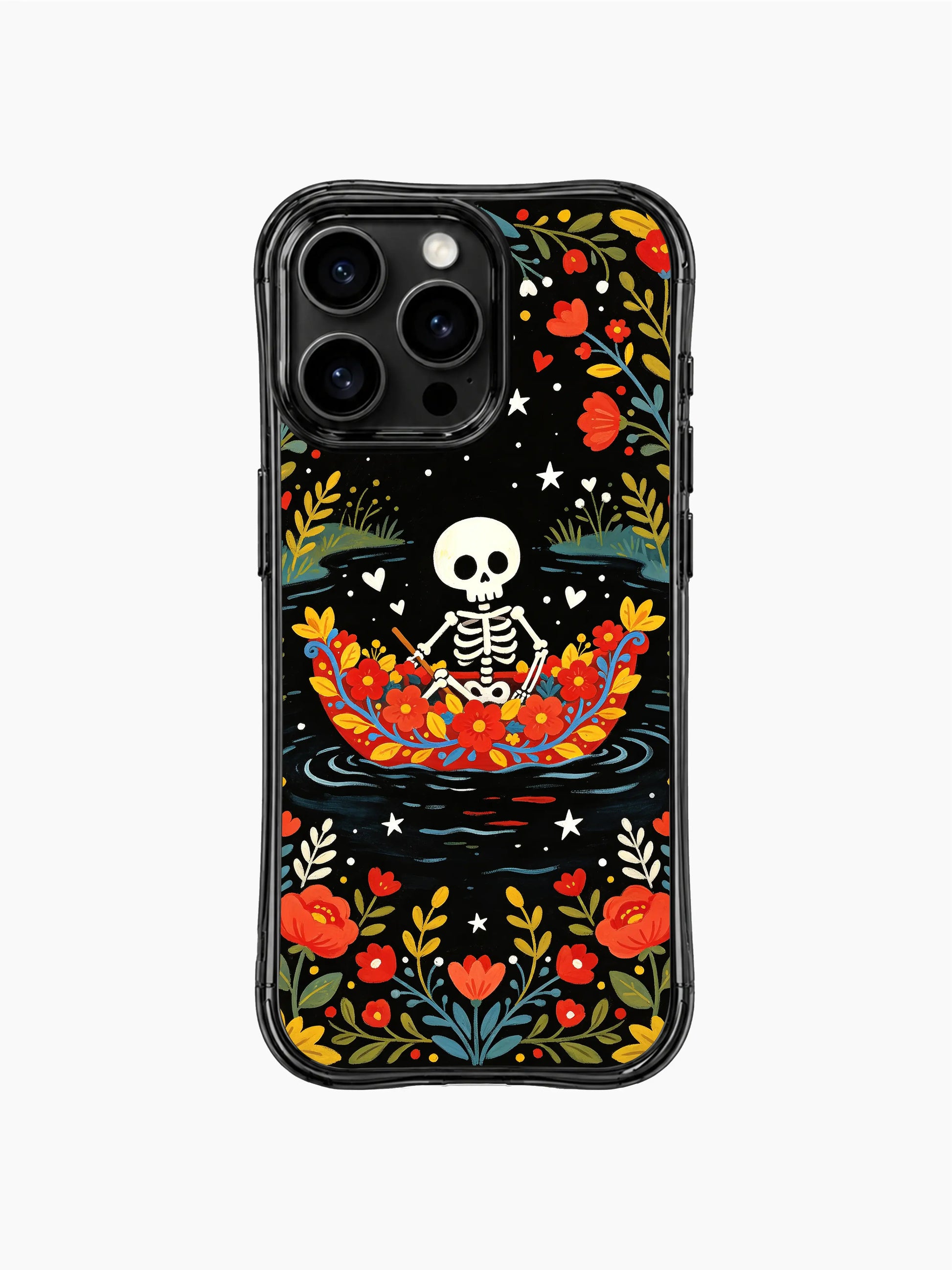 Skeleton sitting in a boat made of flowers on this PhoneCasing iPhone 16 pro max case, folk art design with stars and water details.