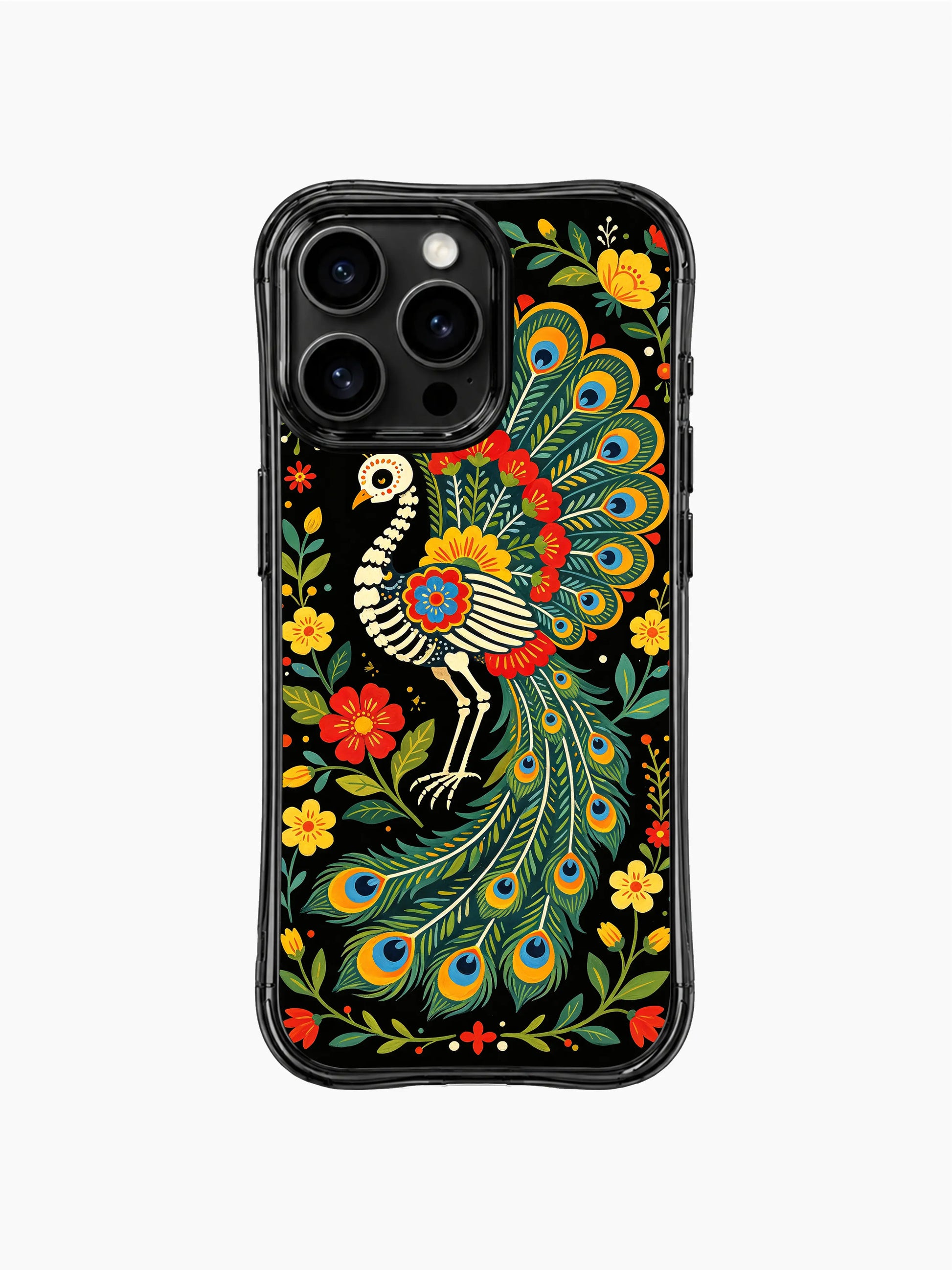 Skeleton peacock festival design on PhoneCasing iPhone 16 pro max case, Day of the Dead style with folk art floral elements.