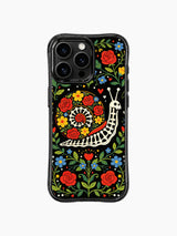 Skeleton snail festival design on PhoneCasing iPhone 16 pro max case, Day of the Dead style with folk art floral elements.
