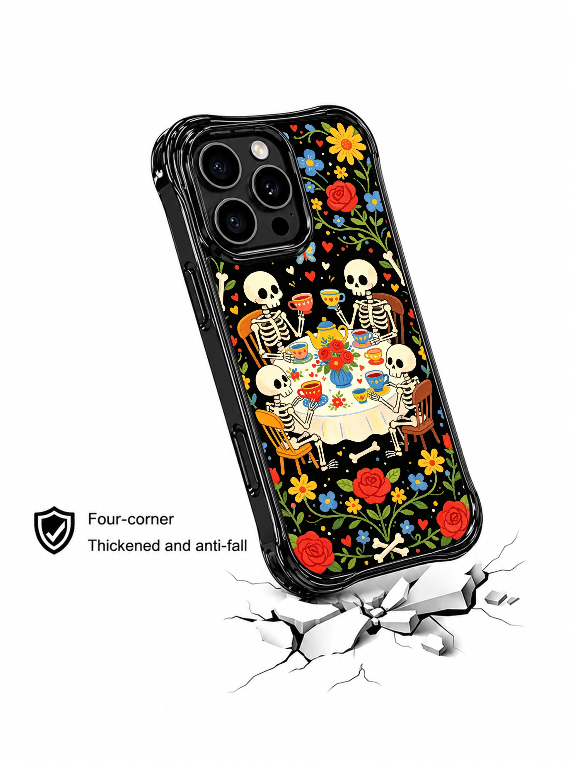 Whimsical skeleton tea party celebration on PhoneCasing iPhone 16 pro max case, Day of the Dead style with folk art floral elements.