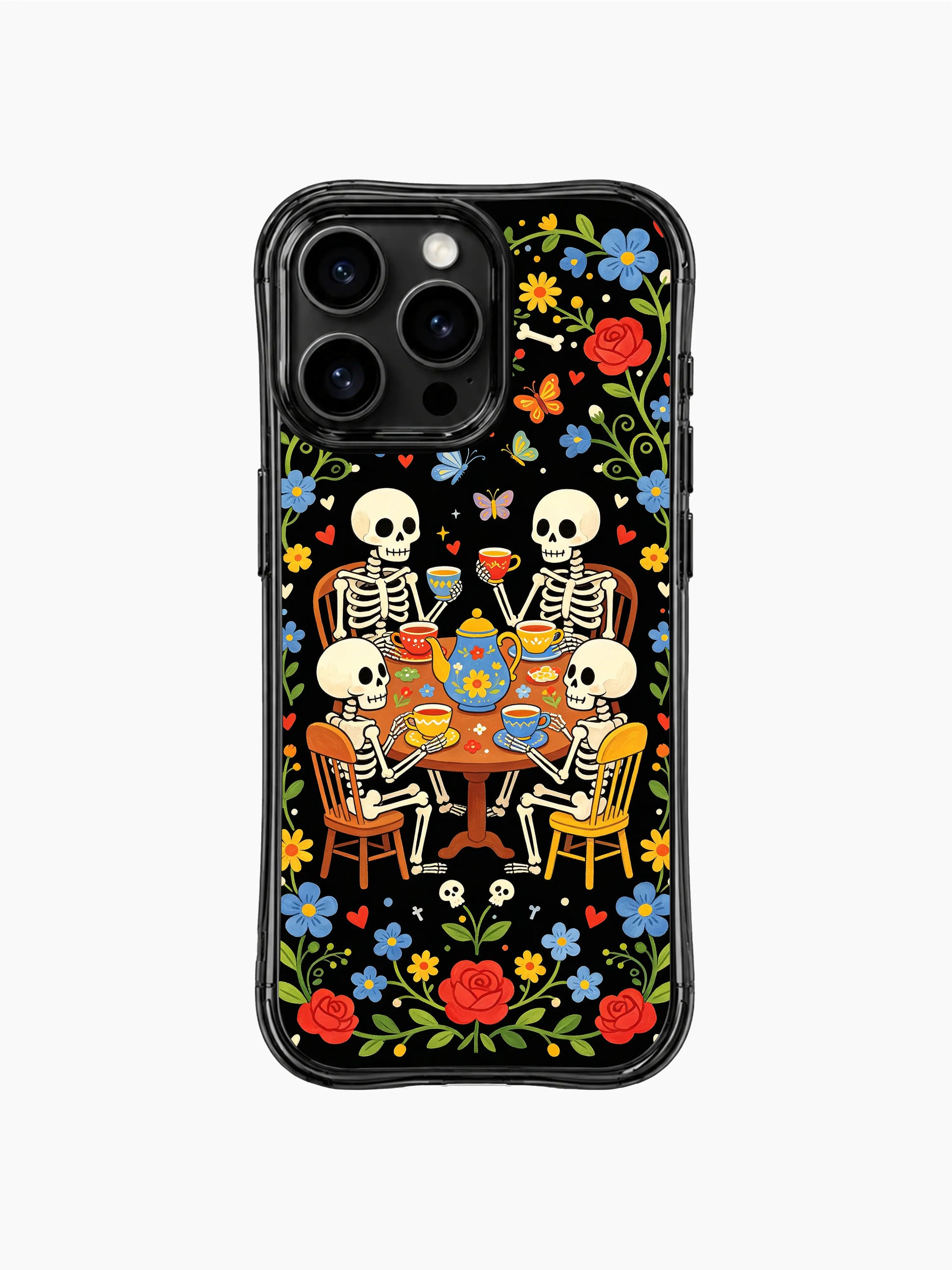Folk art skeleton tea party with festive details on PhoneCasing iPhone 16 pro max case, featuring Day of the Dead-inspired floral elements.