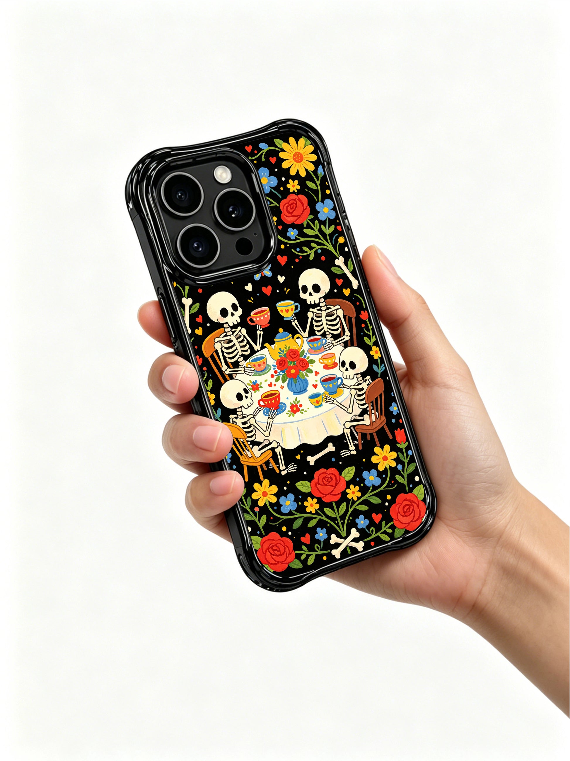 Skeleton tea party with playful butterflies in a midnight garden on this PhoneCasing iPhone 16 pro max case, featuring roses and folk art details.