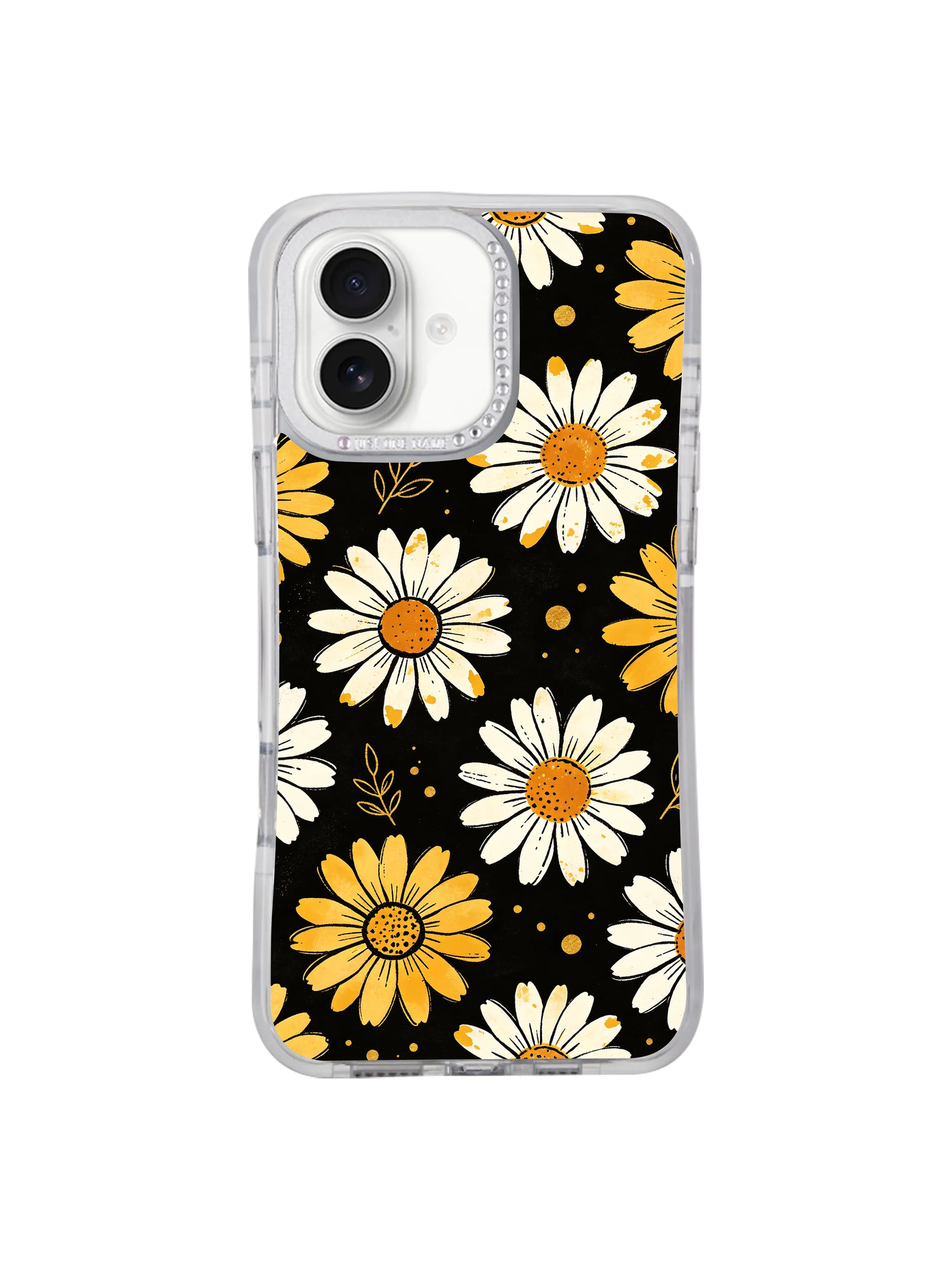 Close view tiny gold leaf accent details on White Bloom Signal daisy iPhone 16 pro max casing, unique Estrella Nocturna night art design only at PhoneCasing iPhone 16 pro max.
