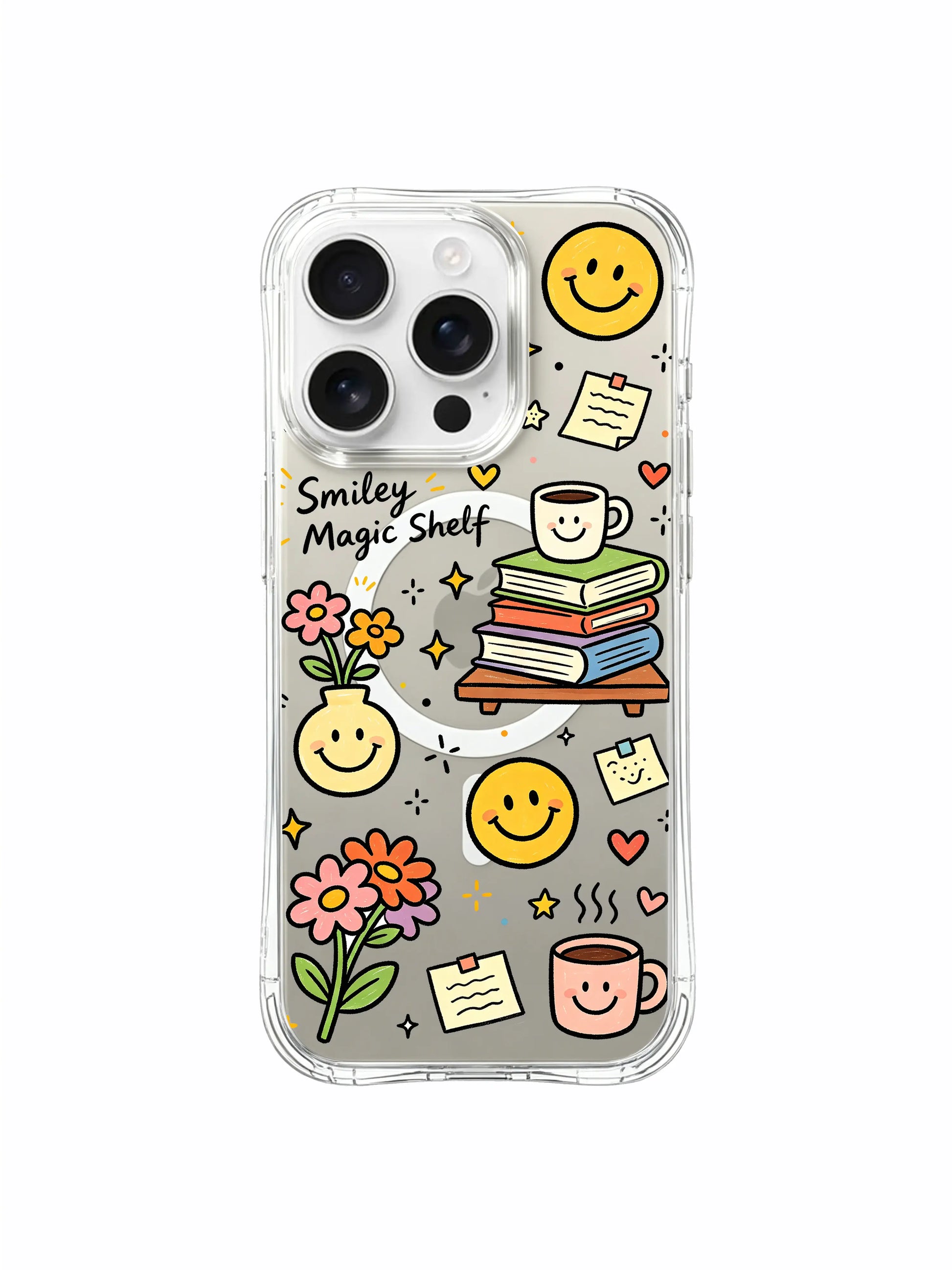 PhoneCasing iPhone 16 Pro Max lightweight shockproof MagSafe case, Smiley Magic Shelf doodle illustration that highlights gentle curiosity and quiet life happiness