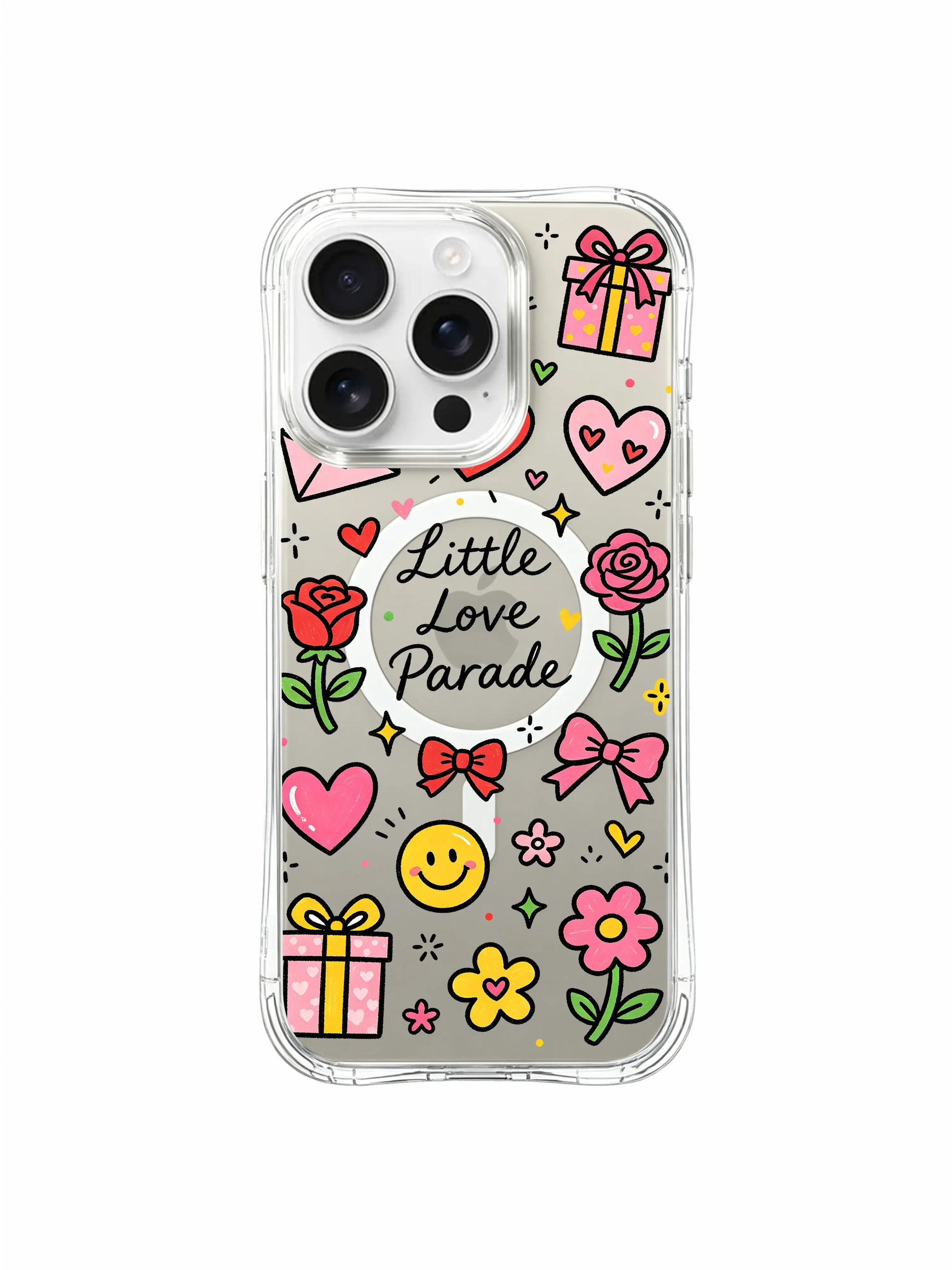 PhoneCasing iPhone 16 Pro Max glossy clear MagSafe case, colorful Little Love Parade smiley face, heart and star collage print