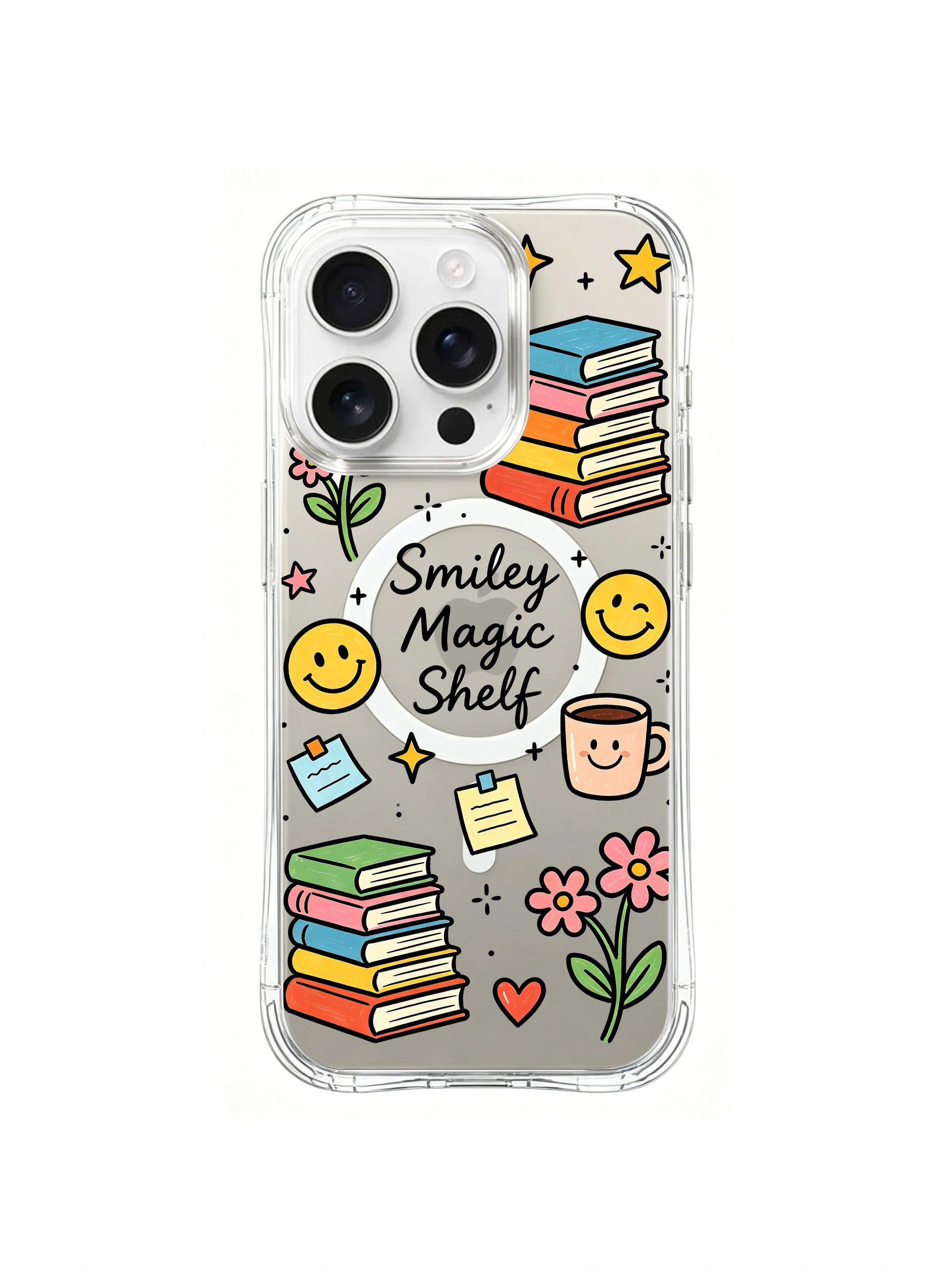 PhoneCasing iPhone 16 Pro Max MagSafe clear casing featuring Smiley Magic Shelf hand-drawn reading doodle print, lightweight scratch resistant transparent shockproof cover for book lovers