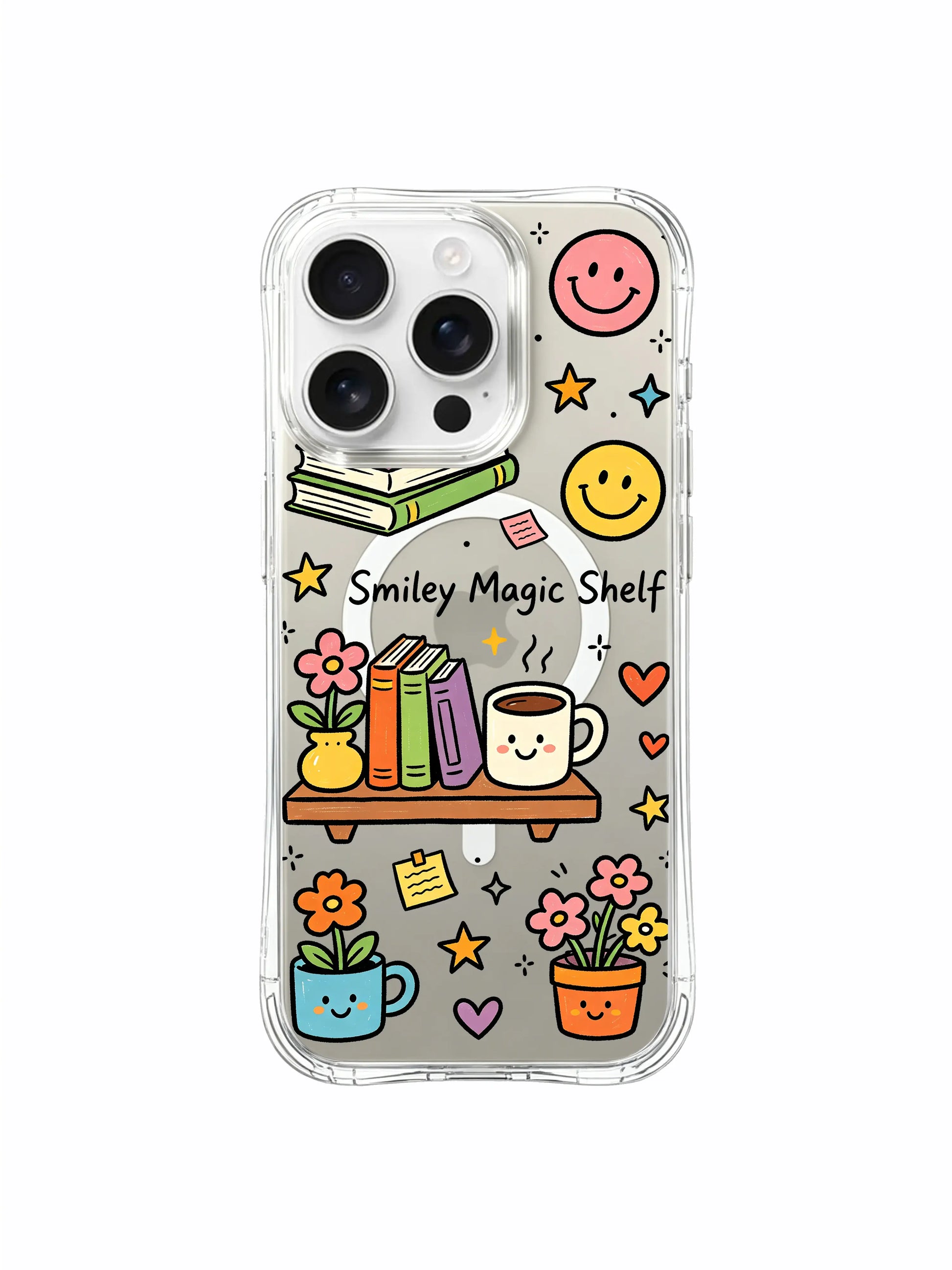 PhoneCasing iPhone 16 Pro Max antimicrobial glossy clear MagSafe case, colorful Smiley Magic Shelf smiley face, book stack and sparkly star collage print