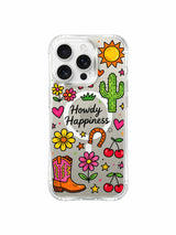 PhoneCasing iPhone 16 Pro Max anti-microbial glossy clear MagSafe case, colorful Howdy Happiness smiley sun, cactus and horseshoe collage print