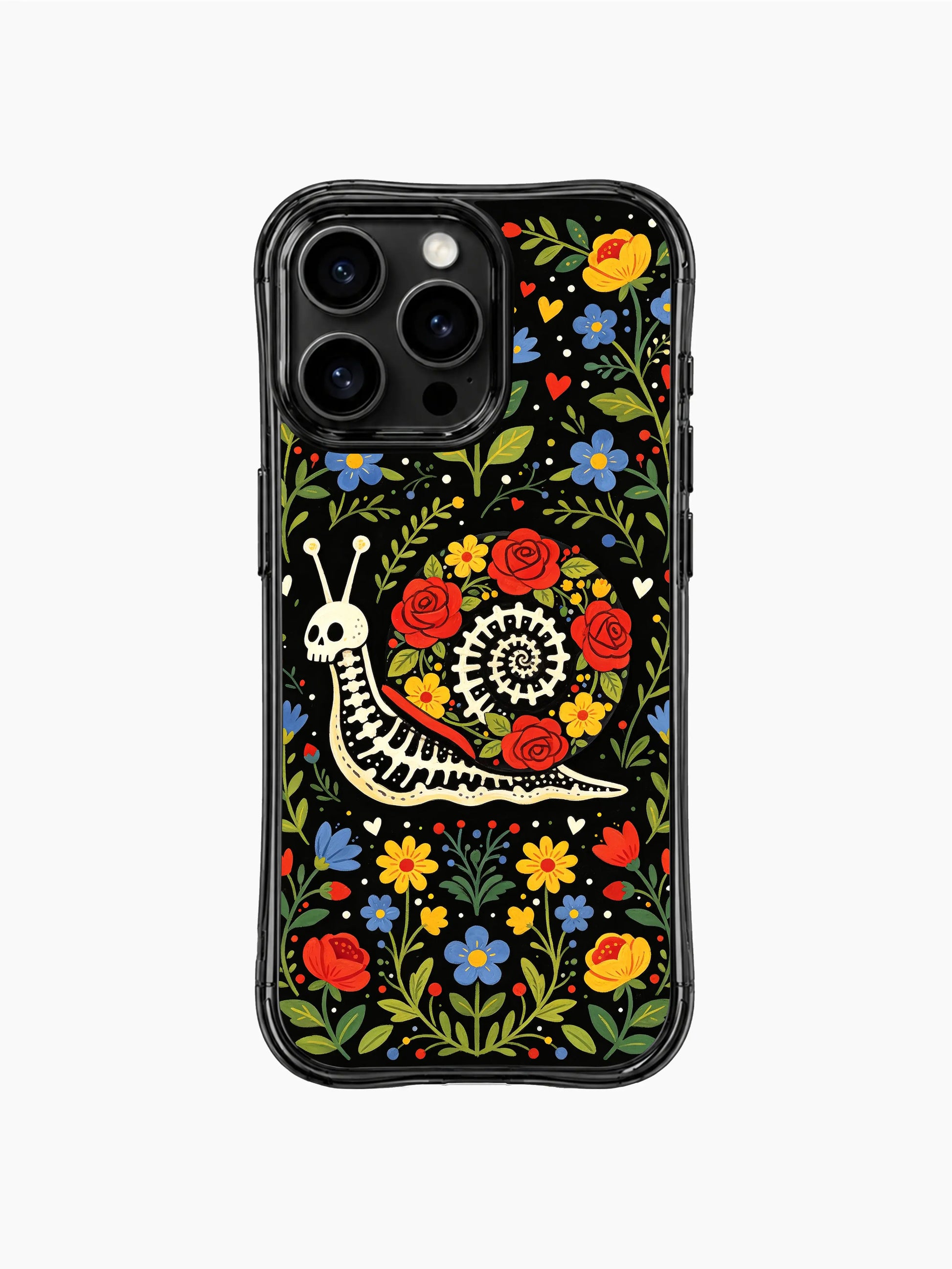 Skeleton snail in a Day of the Dead floral garden on this PhoneCasing iPhone 16 pro max case, featuring roses and folk art details.