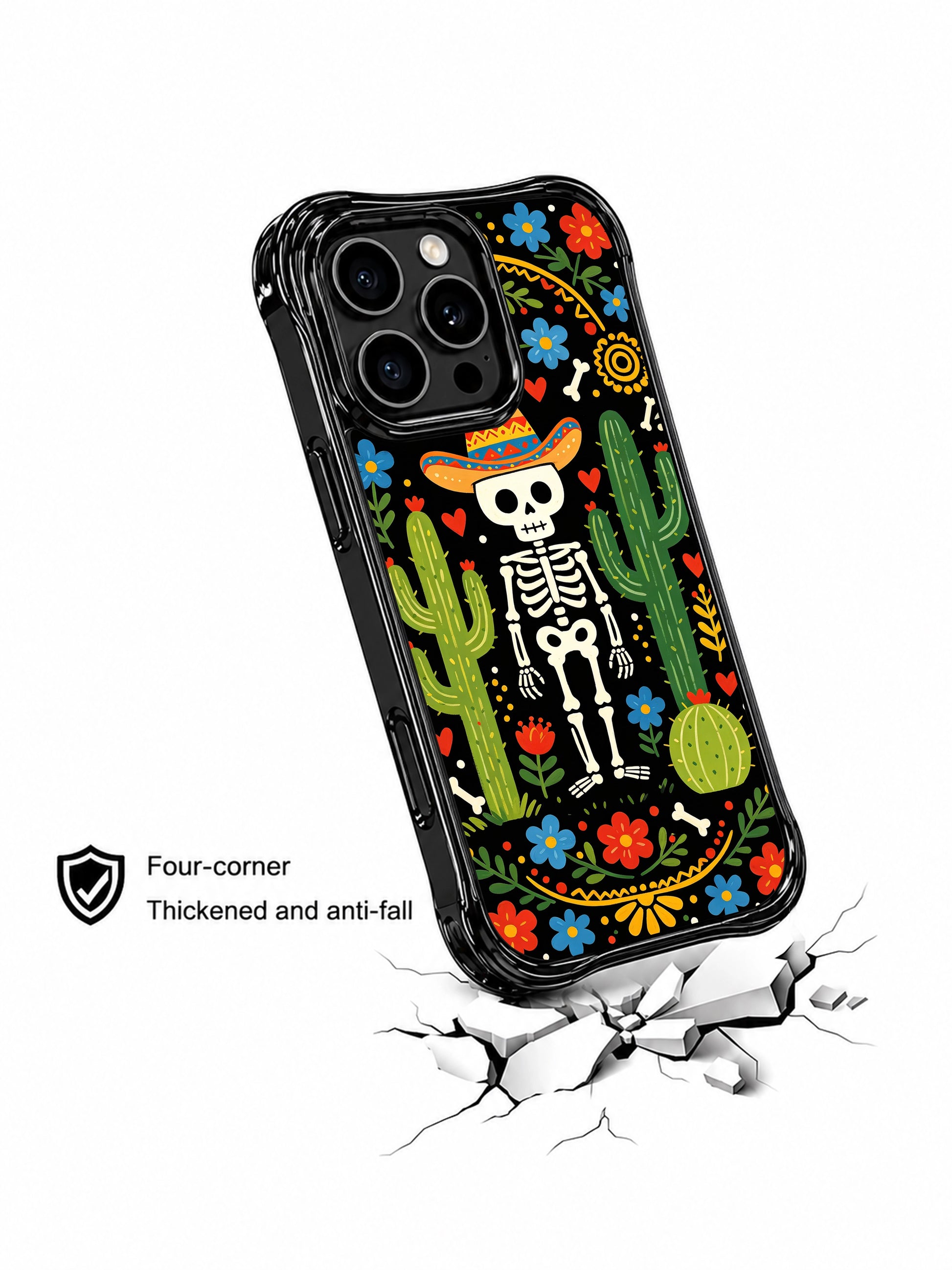 Whimsical sombrero skeleton design on this PhoneCasing iPhone 16 pro max case, surrounded by cacti, colorful blooms, and folk art details.