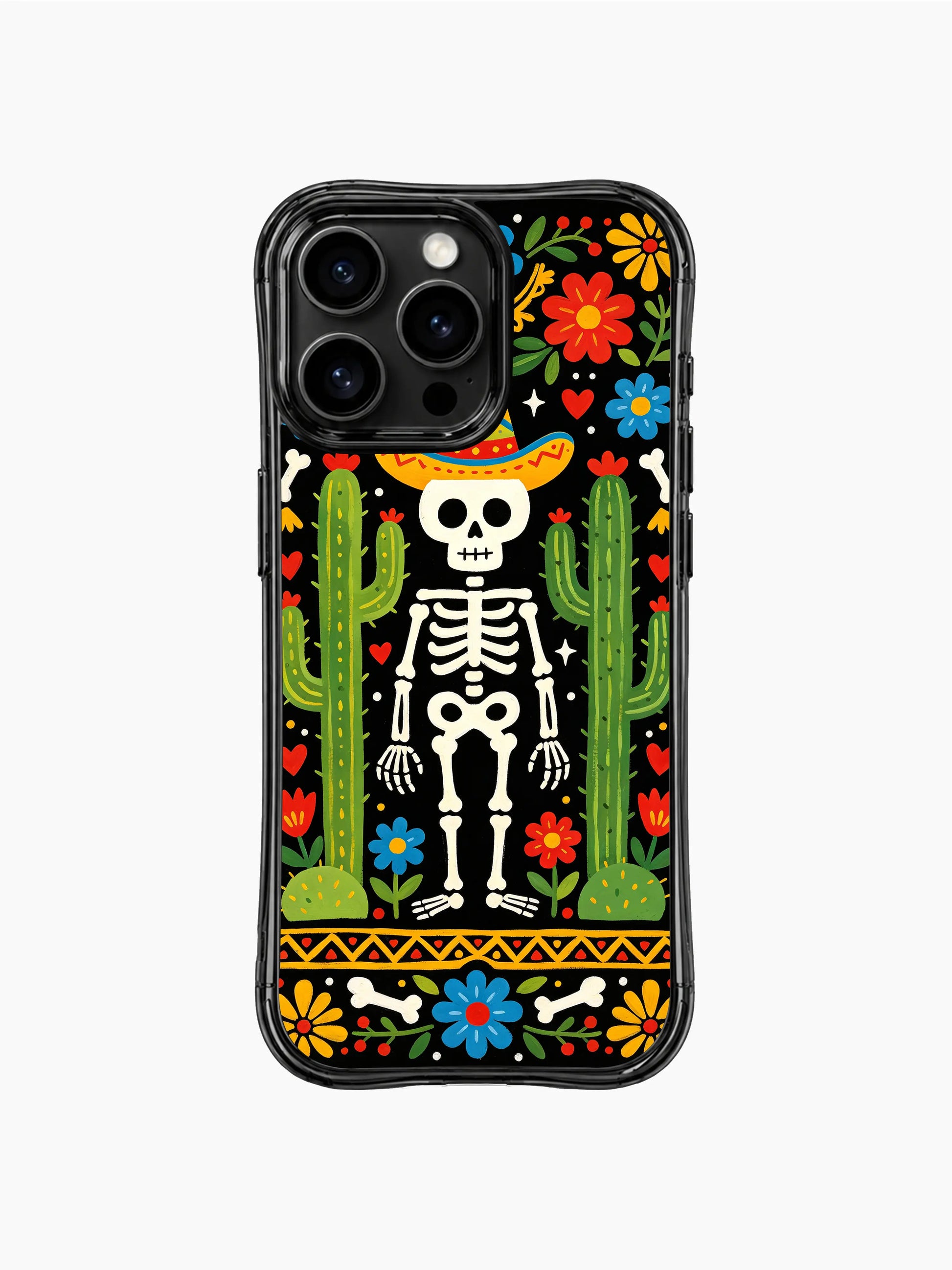 Sombrero skeleton festival design on PhoneCasing iPhone 16 pro max case, Day of the Dead style with cacti and colorful folk art flowers.