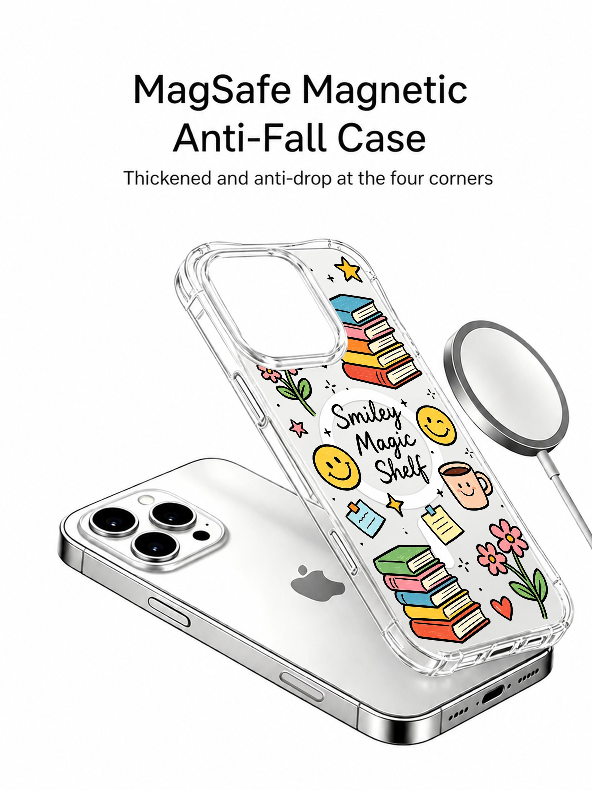 PhoneCasing iPhone 16 Pro Max four-corner anti-drop clear case decorated with cute stacked books, smiley mugs and wildflower doodles from Sunny Charm Smiley Magic Shelf collection